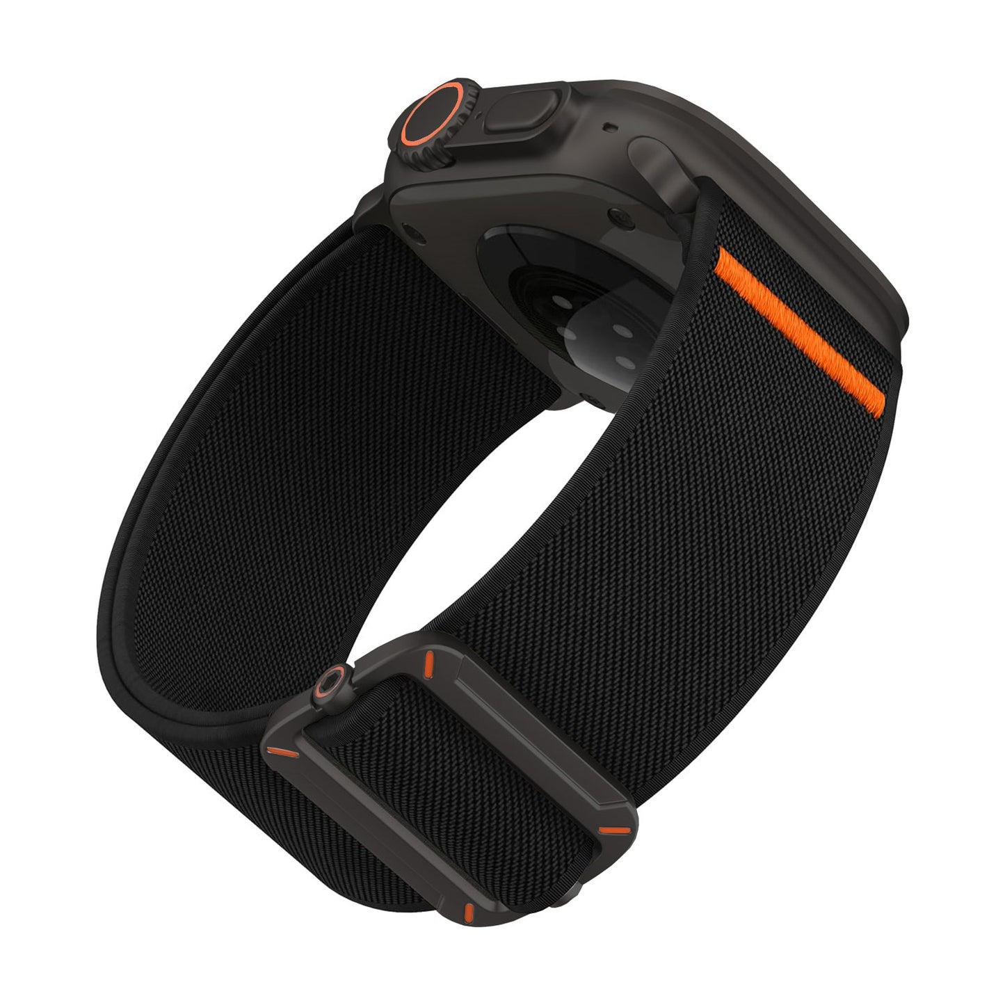 Arktisband Apple Watch mit robustem Design von hinten und von der Seite, mit orangefarbenen Akzenten und dem arktisband "FlexOne" Nylonarmband für dauerhaften, bequemen Tragekomfort den ganzen Tag.