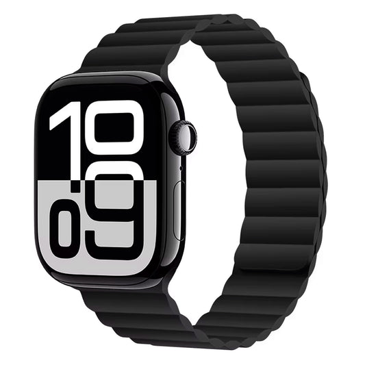Das magnetische Silikonarmband „Ligo“ von Arktisband für die Apple Watch verfügt über eine auffällige Digitalanzeige, ein geriffeltes schwarzes Silikonband und einen sicheren Magnetverschluss.