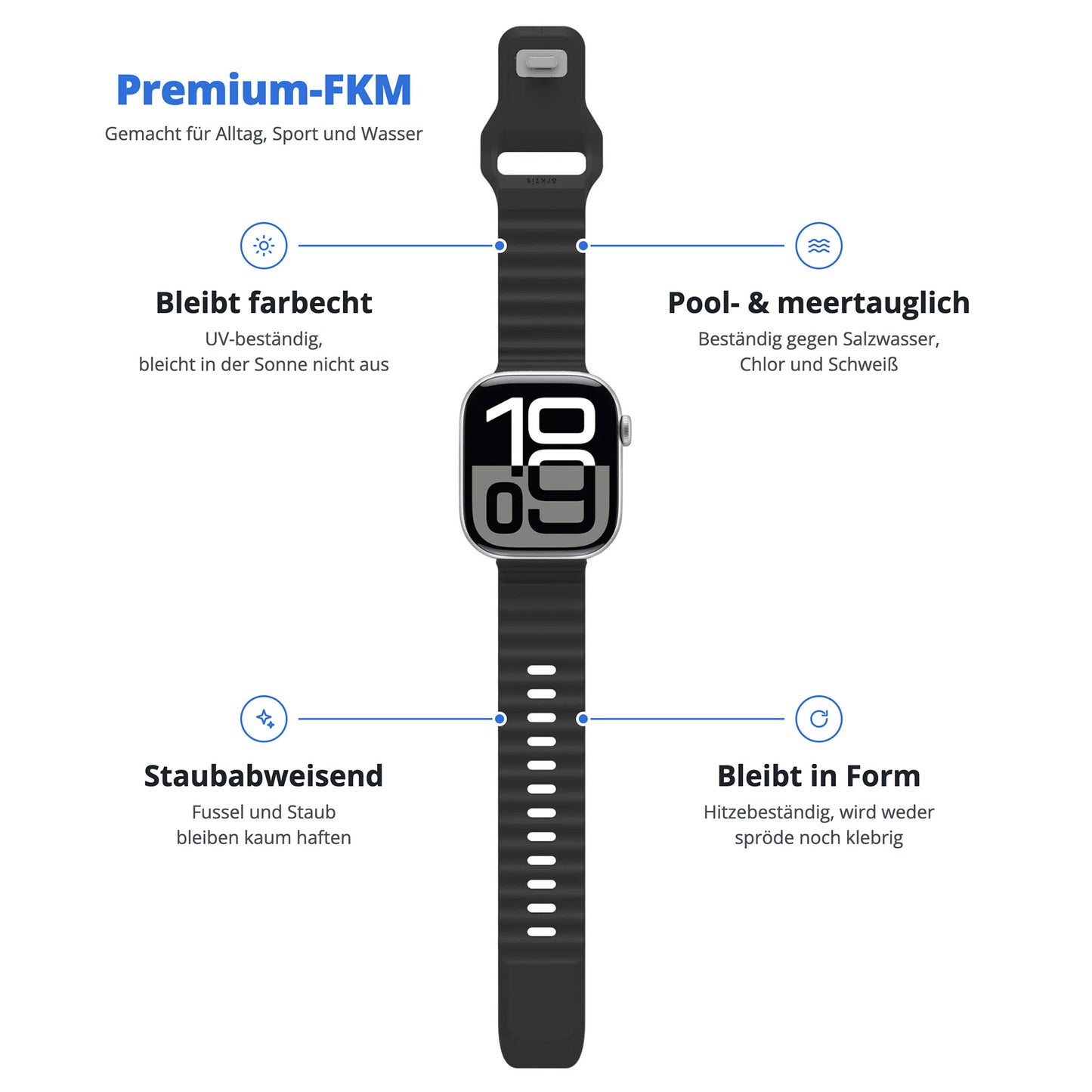 Das arktisband Apple Watch Sportarmband „Motion“ in Schwarz überzeugt durch seine farbechten, staubdichten, flexiblen und wasserabweisenden Eigenschaften. Dieses aus Fluorelastomer gefertigte Armband von arktisband bietet dank seines wellenförmigen Designs höchsten Tragekomfort im Alltag.