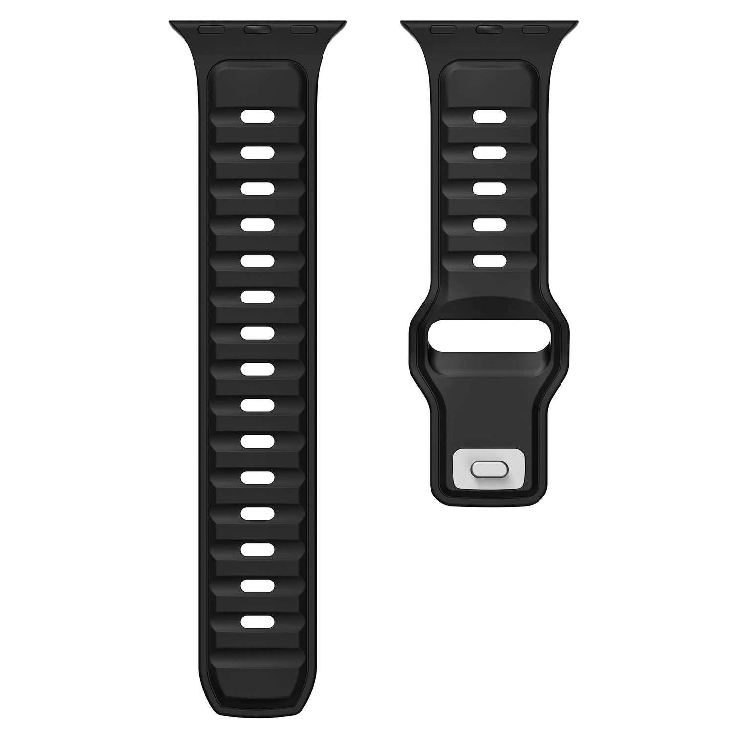 Zwei Arktisband Apple Watch Silikonarmbänder „Swift“ in Schwarz mit rechteckigen Löchern und silbernem Schließe. Schweißabsorbierendes und atmungsaktives Design bietet hohen Tragekomfort bei jeder Gelegenheit.