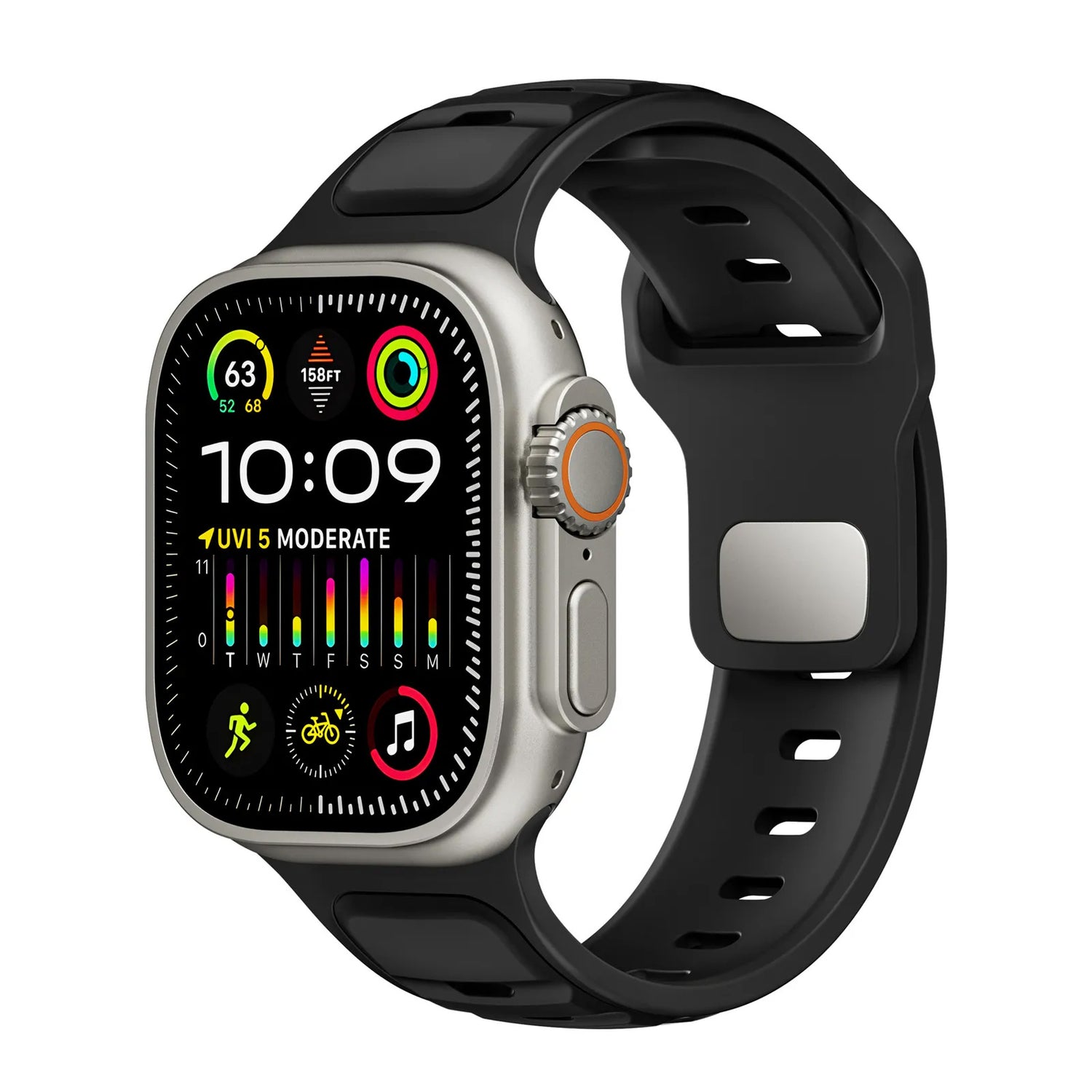 Das arktisband Apple Watch Silikonarmband „Swift“ in Schwarz wird mit einem rechteckigen Touchscreen präsentiert, der die Uhrzeit (10:09), bunte Fitness- und Gesundheitsdaten, Aktivitätssymbole und Umgebungsinformationen anzeigt.