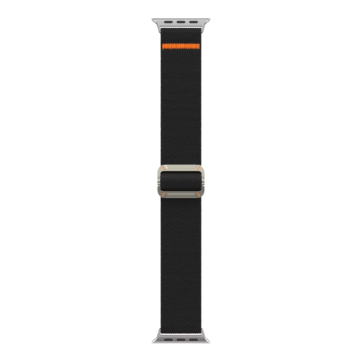 Das Arktisband Apple Watch Nylonarmband "FlexOne" ist ein schwarzes gewebtes Nylonband mit silberner Schließe und kleinem orangen Streifen, kompatibel mit Apple Watch, abgebildet auf weißem Hintergrund.