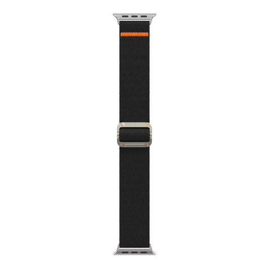 Das Arktisband Apple Watch Nylonarmband "FlexOne" ist ein schwarzes gewebtes Nylonband mit silberner Schließe und kleinem orangen Streifen, kompatibel mit Apple Watch, abgebildet auf weißem Hintergrund.
