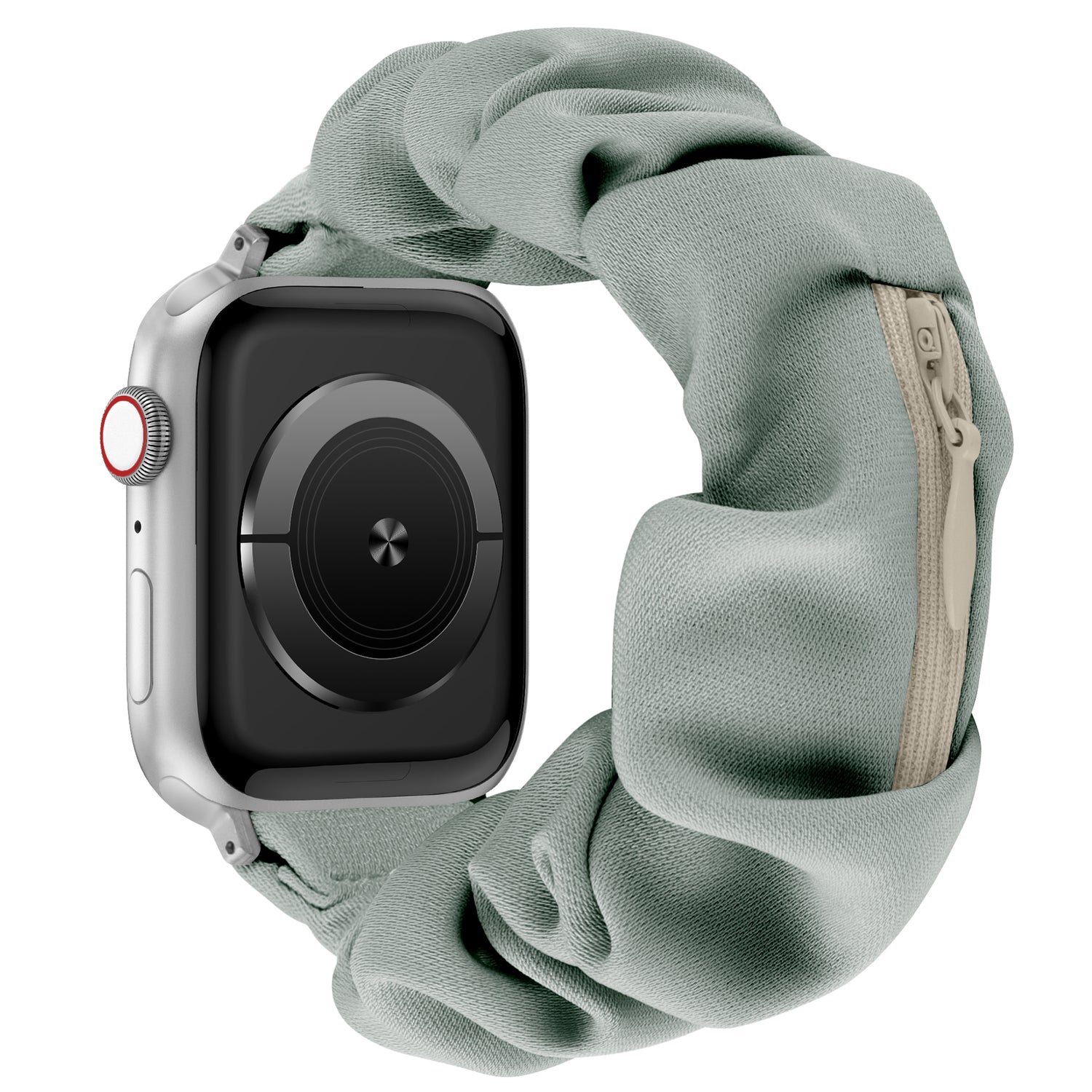 Das arktisband Apple Watch Scrunchie Armband "Elanora" verfügt über ein mintgrünes Gummiband mit einer kleinen Reißverschlusstasche - stilvoll und praktisch für Ihre Apple Watch.