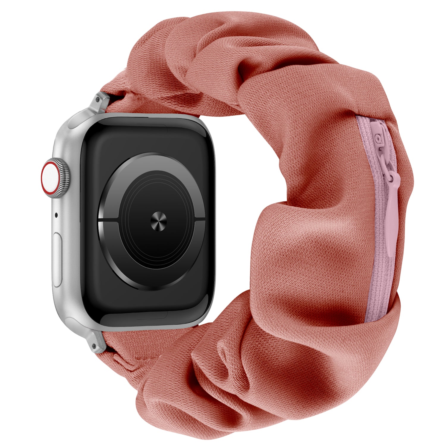 Das arktisband Apple Watch Scrunchie Armband "Elanora" verfügt über ein rosafarbenes elastisches Band mit einem kleinen Reißverschluss, perfekt für Ihre Apple Watch.