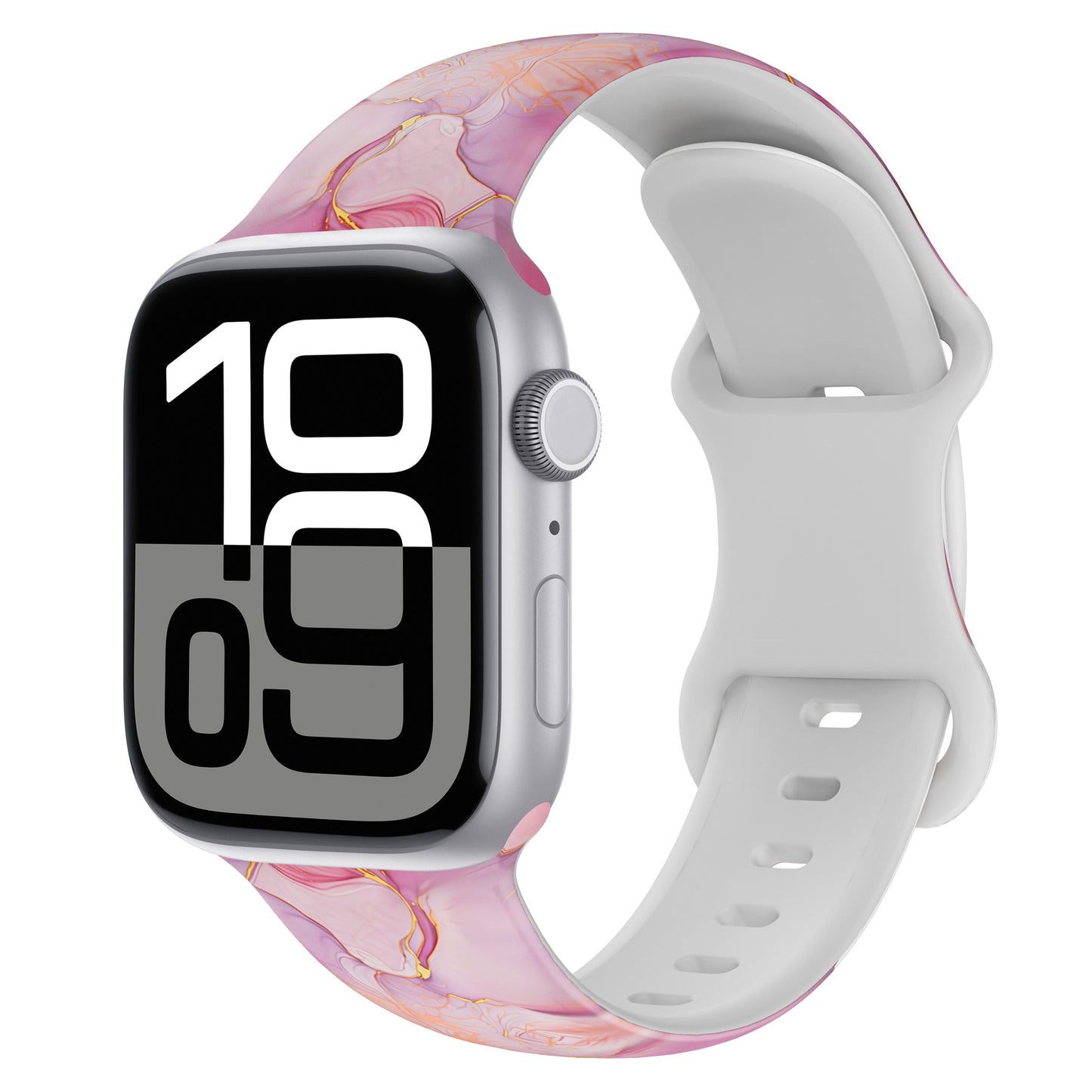 Das arktisband Rose Marble Apple Watch Armband ist ein sportliches, weiß-rosa marmoriertes Silikonband von arktisband, hier an einer Apple Watch mit schräg gestellter Digitalanzeige.
