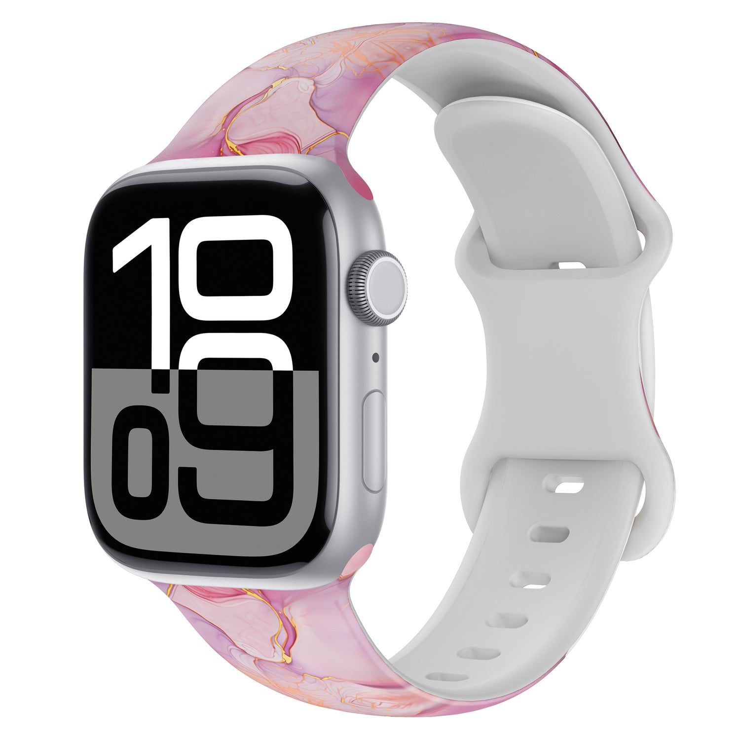 Das arktisband Rose Marble Apple Watch Armband ist ein sportliches, weiß-rosa marmoriertes Silikonband von arktisband, hier an einer Apple Watch mit schräg gestellter Digitalanzeige.