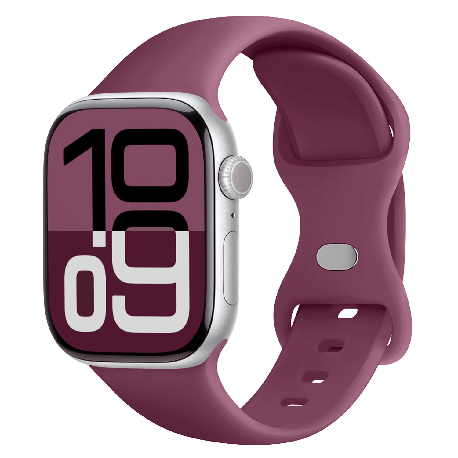 Ein arktisband Apple Watch Silikonarmband "Sport" in kastanienbraun wird an einer Smartwatch mit der Anzeige 10:09 gezeigt. Das schweißabsorbierende Silikonarmband von arktisband sorgt für Komfort bei jeder Aktivität.
