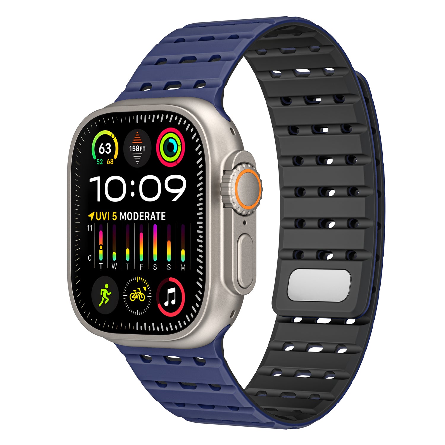 Das magnetische Silikonarmband „Power“ von arktis für die Apple Watch besteht aus einem Silikonband mit blauer Oberseite und schwarzer Unterseite und Magnetverschluss, das an einer silbernen Smartwatch mit quadratischem Touchscreen und orange hervorgehobener Krone befestigt ist.