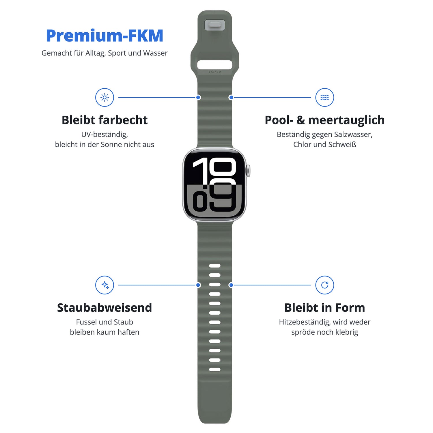 Graues Arktisband – Apple Watch Sportarmband „Motion“ mit deutscher Beschriftung, das sich durch seine farbechte, wasserabweisende, staubdichte und hitzebeständige Beschaffenheit auszeichnet – ideal für den Alltag.