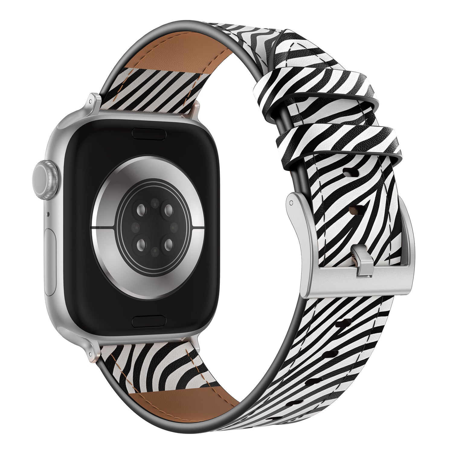 Das arktisband Apple Watch Lederarmband "Studio" von arktisband zeigt sich von der Rückseite und besticht durch ein schwarz-weißes Zebra-Streifen-Design mit silberner Schnalle für einen einzigartigen Look.