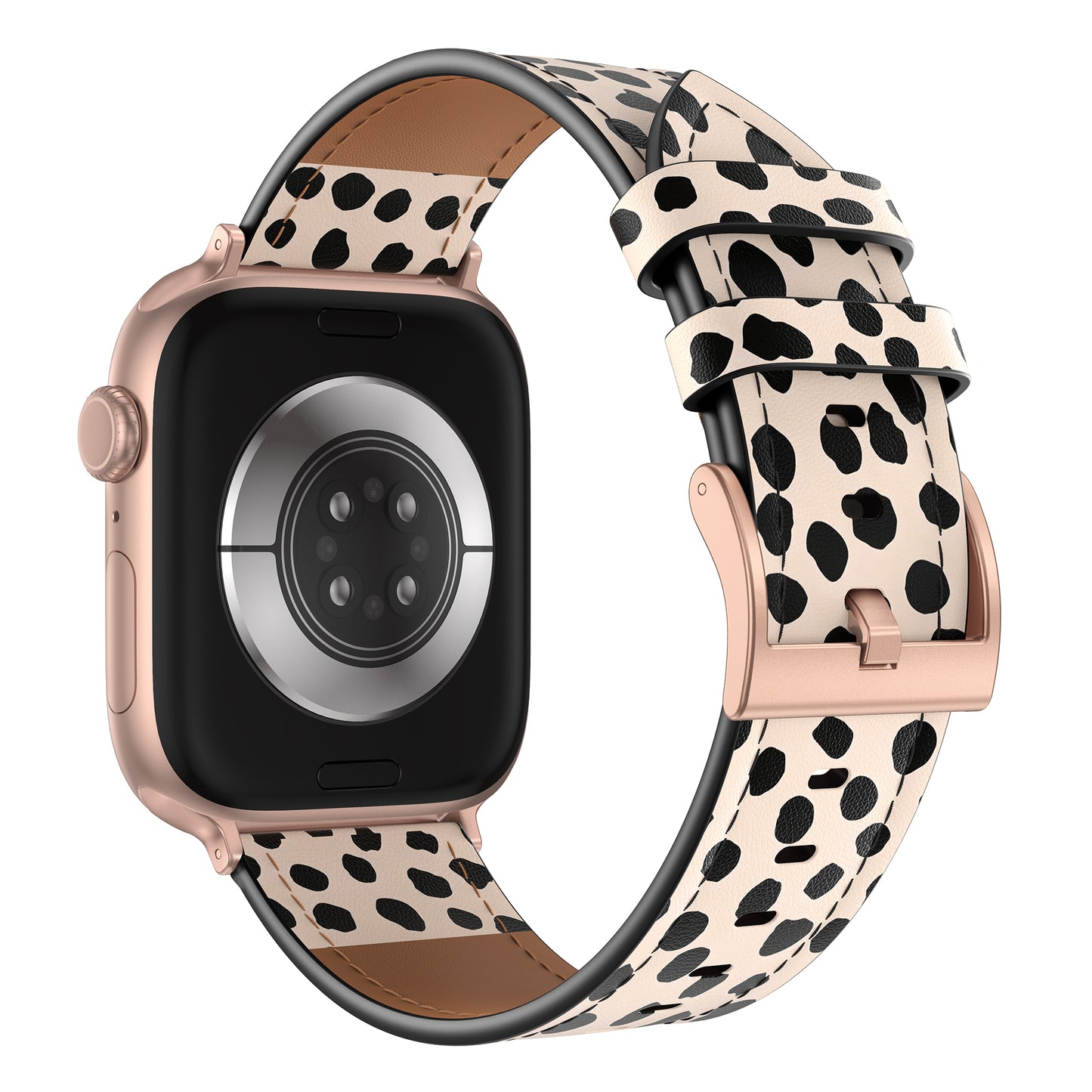 Smartwatch mit roségoldenem Gehäuse und dem arktisband Apple Watch Lederarmband "Studio" von arktisband, das mit einem cremefarbenen Band mit schwarzen Punkten für ein individuelles Design sorgt.