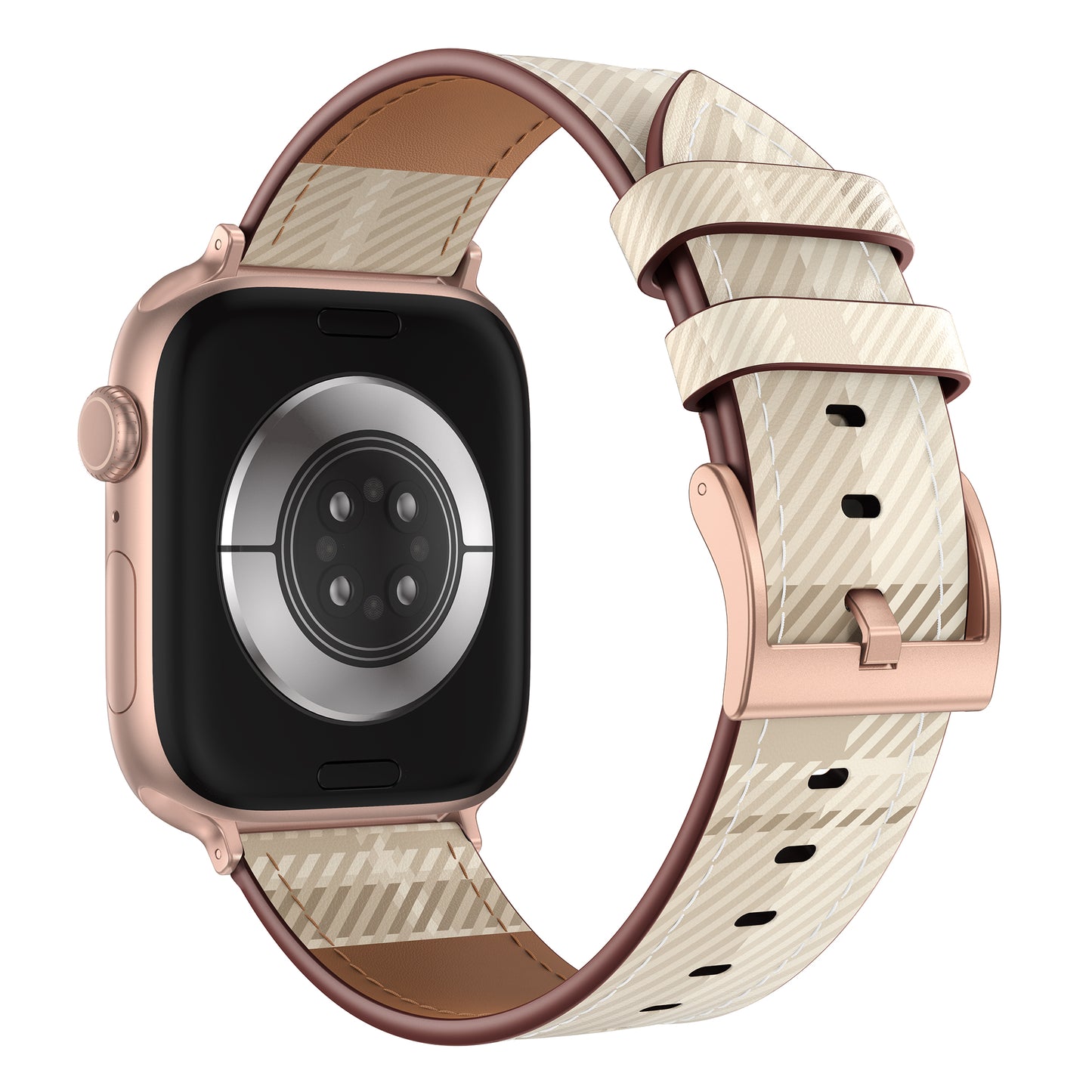Das arktisband Apple Watch Lederarmband "Studio" von arktisband hat ein roségoldenes Gehäuse und ein gemustertes beige-cremefarbenes Lederarmband, das von der Rückseite gezeigt wird - perfekt für Fans von einzigartigem Design.