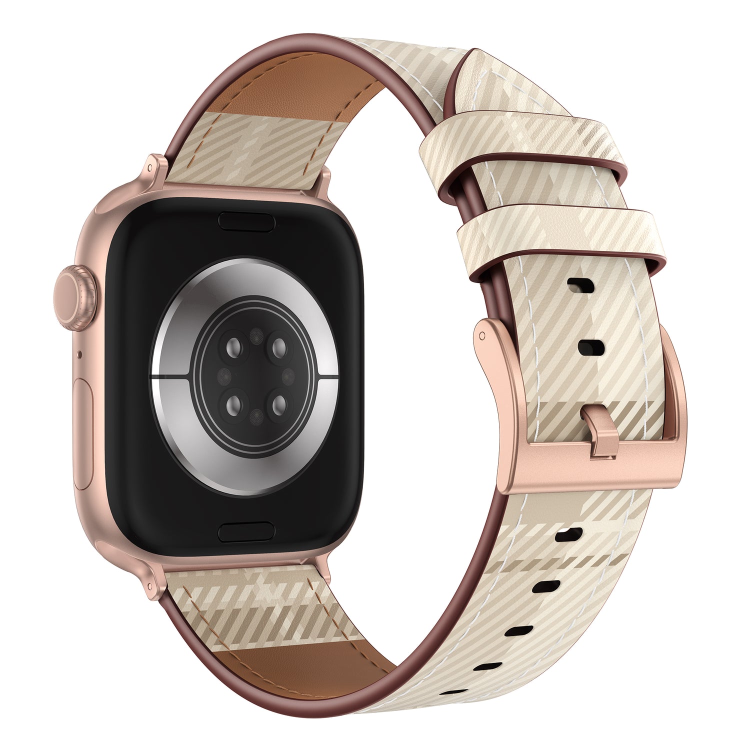 Das arktisband Apple Watch Lederarmband "Studio" von arktisband hat ein roségoldenes Gehäuse und ein gemustertes beige-cremefarbenes Lederarmband, das von der Rückseite gezeigt wird - perfekt für Fans von einzigartigem Design.