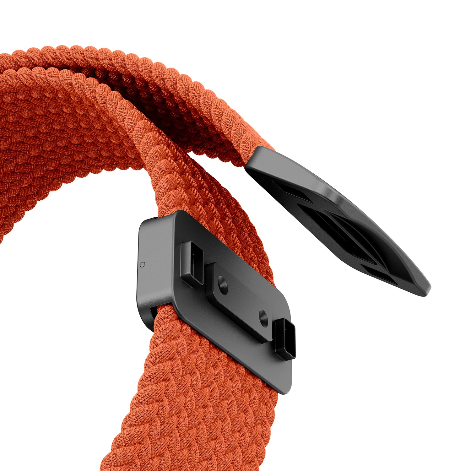 Nahaufnahme des orangefarbenen arktisband Geflochtenes Apple Watch Ultra Armband "Casual" mit Magnetverschluss von arktisband, dargestellt vor einem weißen Hintergrund.