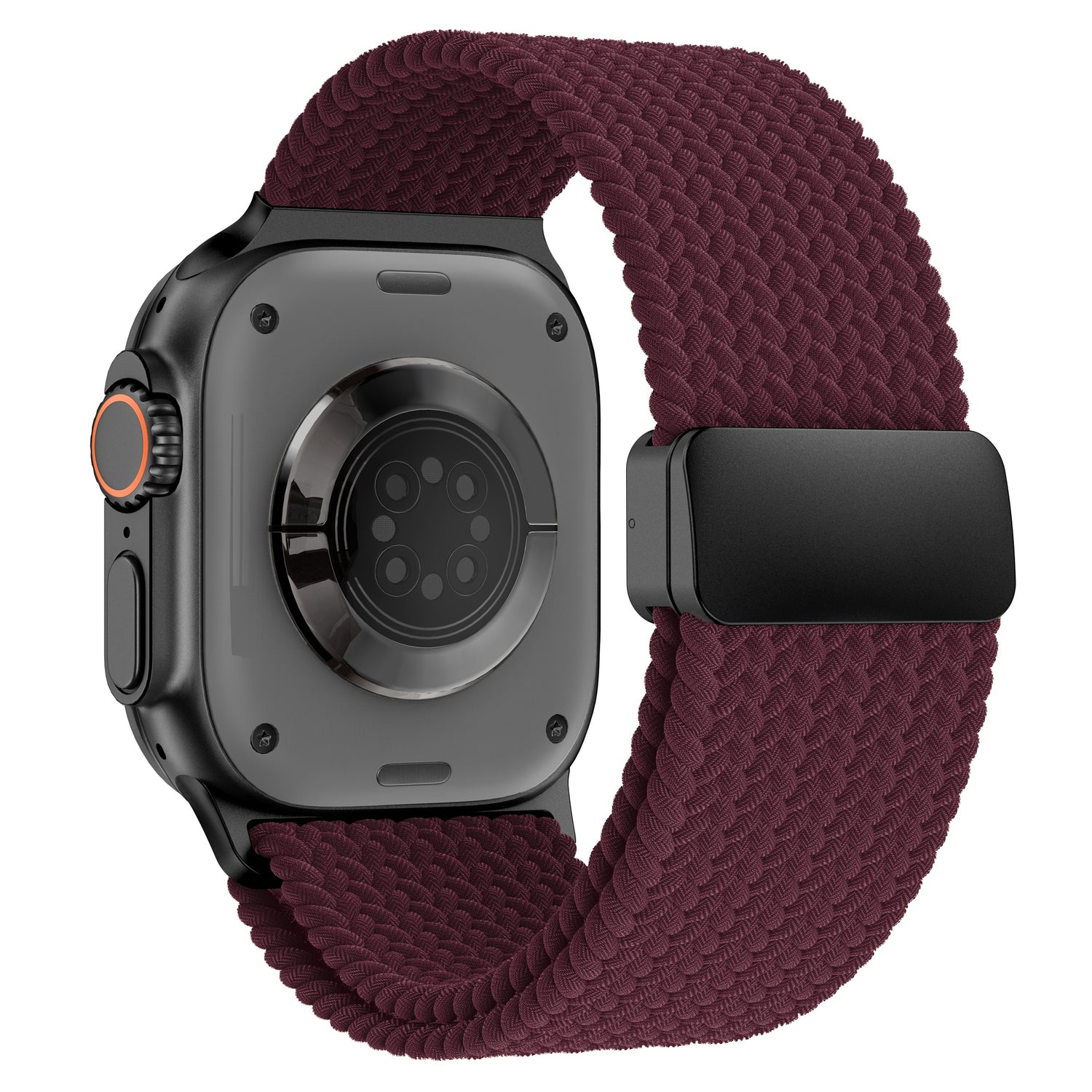 Dunkelburgunderfarbenes Arktisband – Geflochtenes Apple Watch Ultra-Armband Casual mit schwarzem Magnetverschluss.