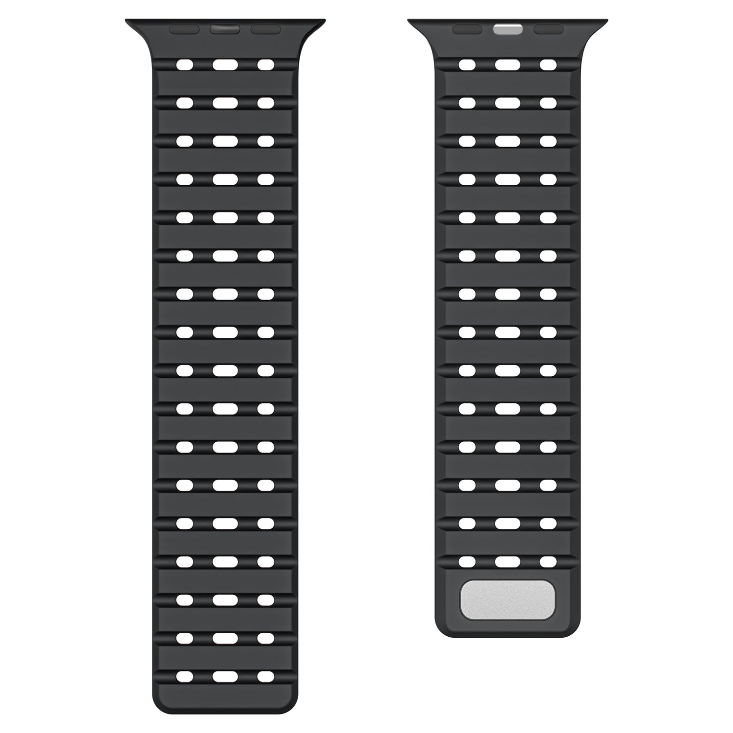 Zwei arktisband Apple Watch magnetische Silikonarmbänder „Power“ von arktis liegen nebeneinander auf weißem Hintergrund. Jedes Band hat mehrere rechteckige Löcher und einen rechteckigen Metallverschluss an einem Ende.