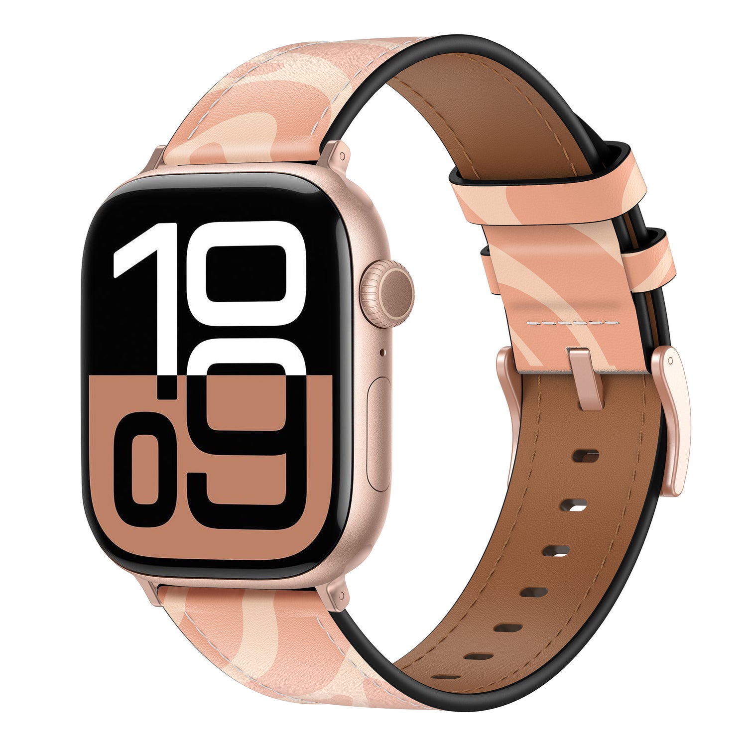 Das arktisband Apple Watch Lederarmband "Studio" besticht durch ein pinkes Camouflage-Design und eine fette Digitalanzeige, die die Zeit 10:09 anzeigt.