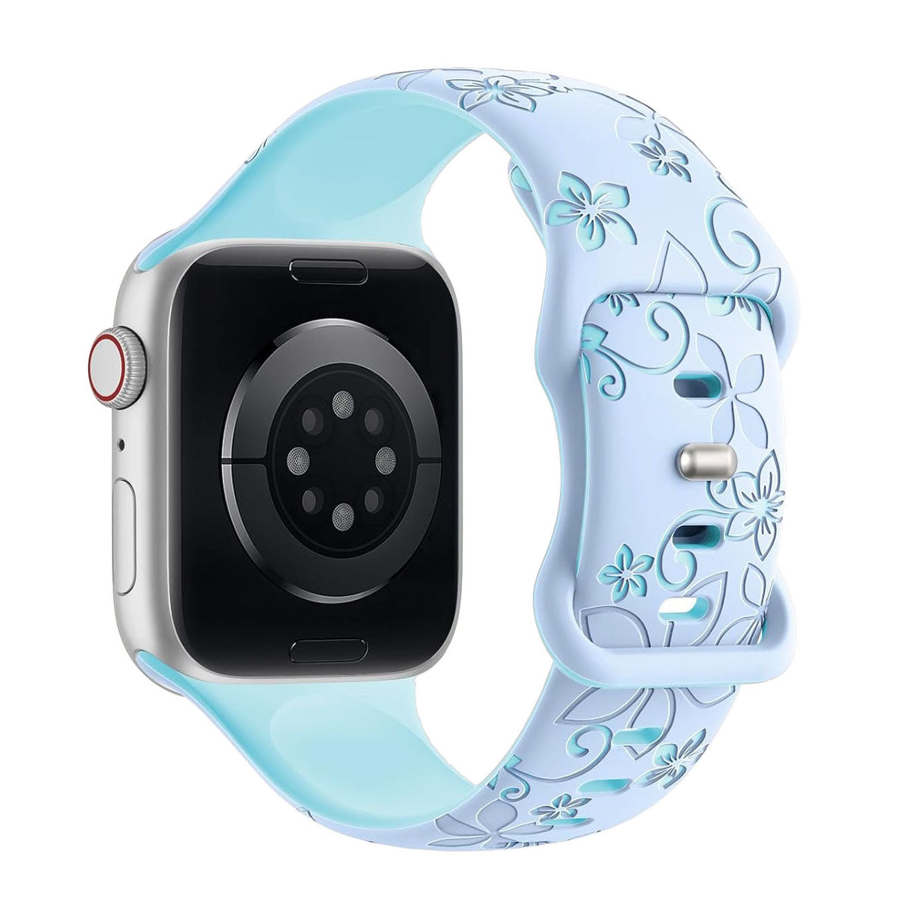 Das arktisband Apple Watch Silikonarmband "Bloom" im floralen Muster in Light Blue, von hinten gezeigt - kompatibel mit Apple Watch.