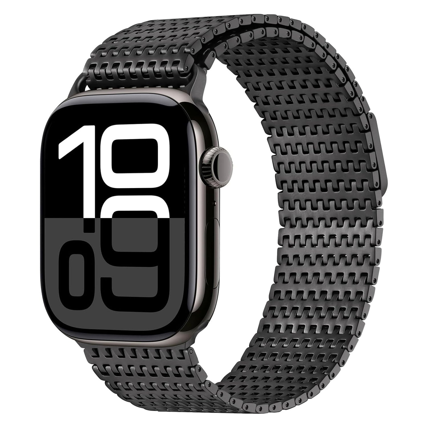 Das arktisband Apple Watch Edelstahl Armband „Aurora“ ist ein schwarzes Smartwatch-Armband mit einer auffälligen Digitalanzeige und einem strukturierten Edelstahlarmband mit sicherem Magnetverschluss.