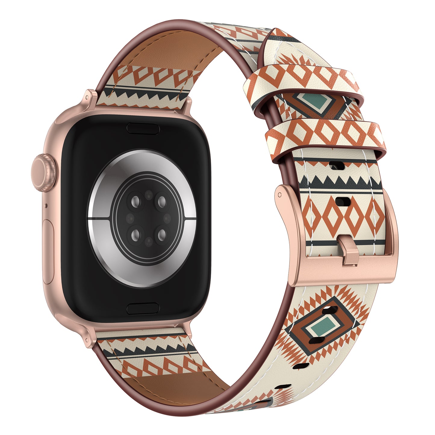 Das Arktisband Apple Watch Lederarmband "Studio" verfügt über ein hellbraunes, braunes und orangefarbenes geometrisches Muster für individuelles Design, dargestellt von der Rückseite.