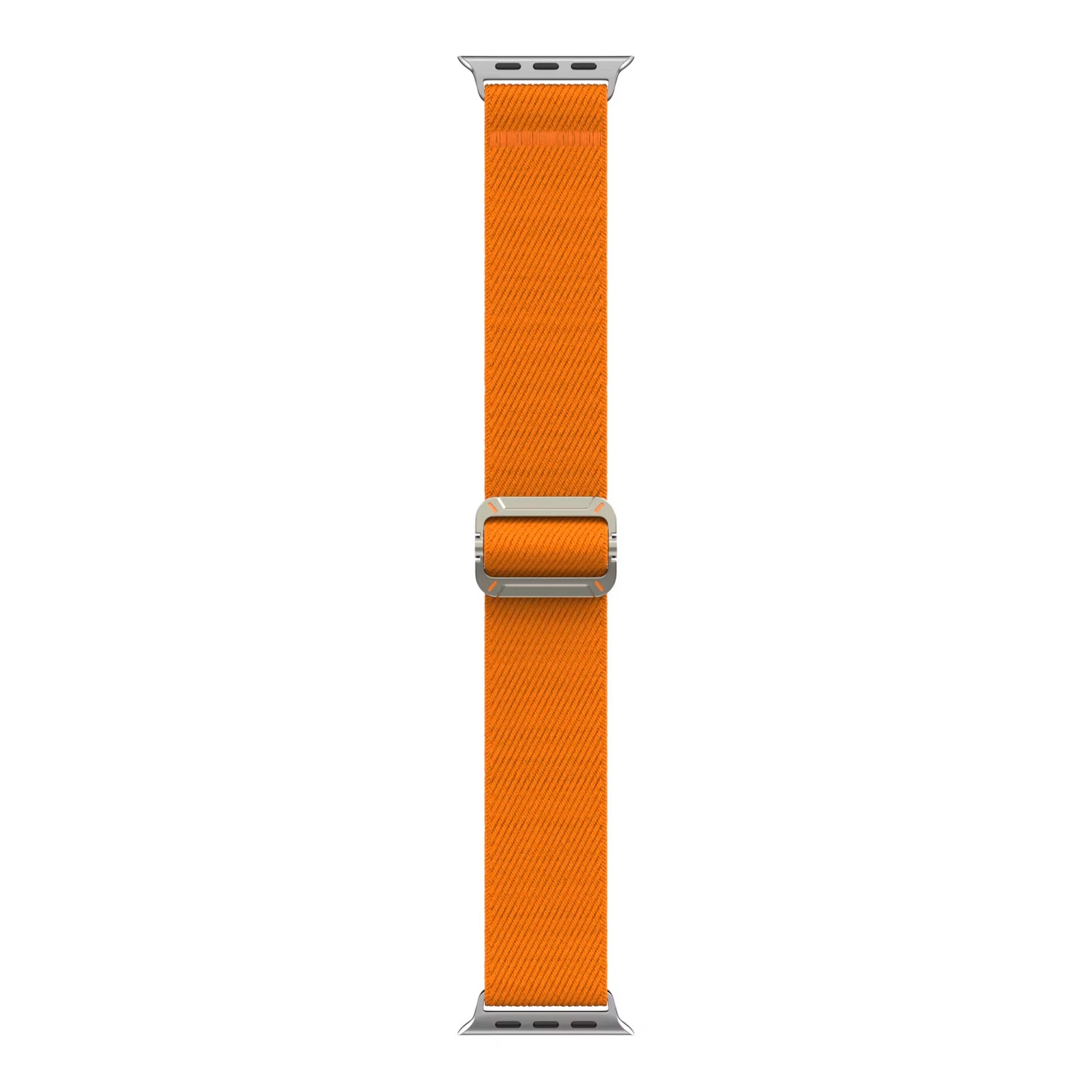 Das arktisband Apple Watch Nylonarmband "FlexOne" in leuchtendem Orange von arktisband, kompatibel mit Apple Watch, verfügt über silberne Anschlüsse und ist vertikal auf weißem Hintergrund abgebildet.