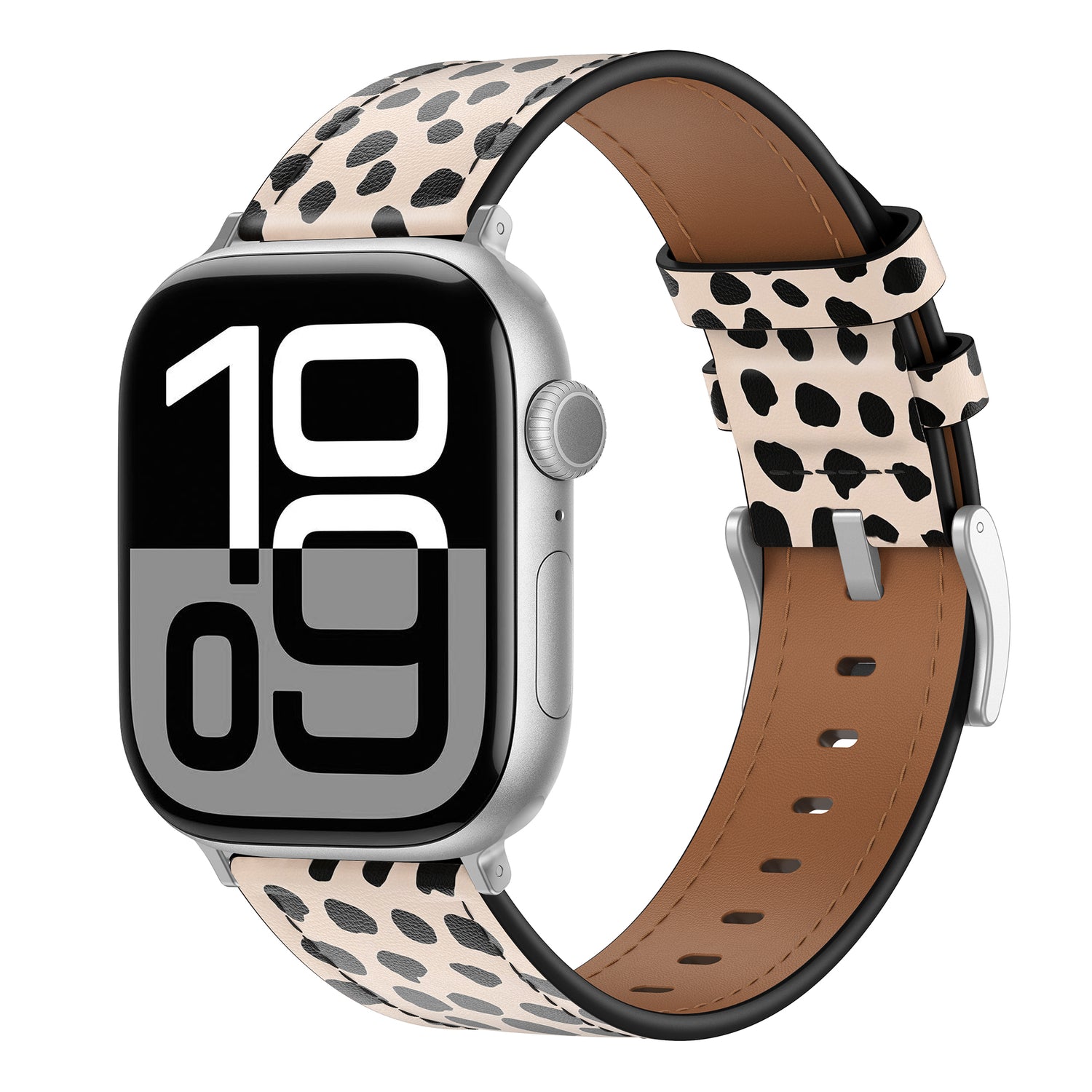 Das arktisband Apple Watch Lederarmband "Studio" verfügt über große fette Zahlen auf dem Display und ein beiges Band mit schwarzen unregelmäßigen Punkten für ein individuelles Design. Marke: arktisband.