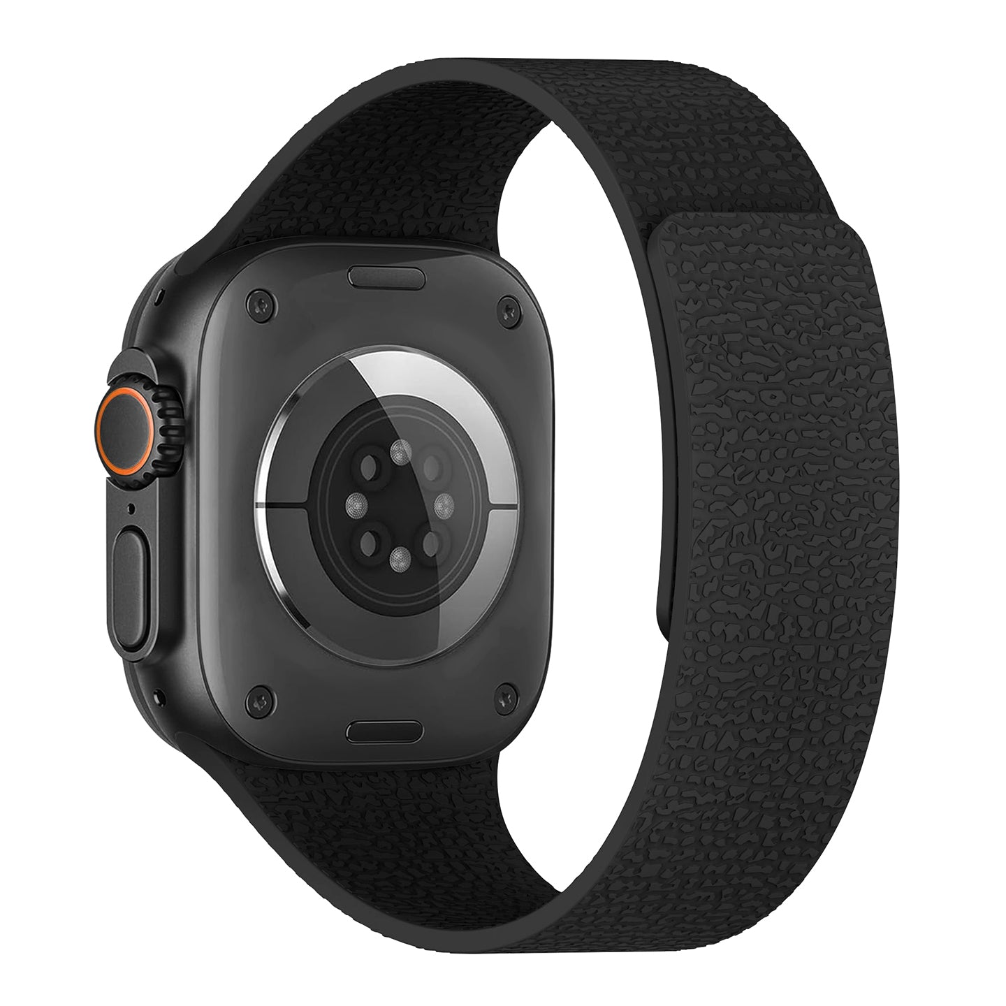 Rückansicht des Arktisbandes Apple Watch magnetisches Silikonarmband "Flexy" in schwarz mit strukturiertem Design und Magnetverschluss, zeigt den Sensor und die Seitentaste.