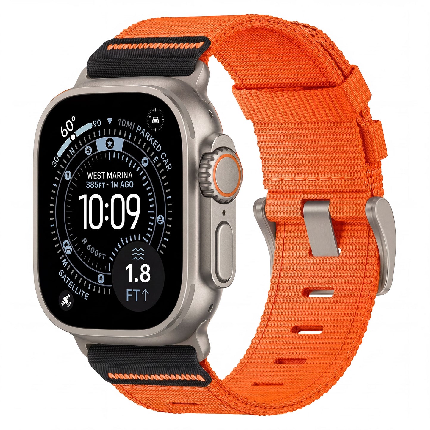Das arktisband "Terra" Apple Watch Armband in Orange verfügt über ein extrabreites Nylonband und wertet Ihre Apple Watch Ultra auf, indem es Uhrzeit, Datum und Aktivitätsstatistiken auf seinem runden digitalen Bildschirm anzeigt - ideal für Fans von arktisband.
