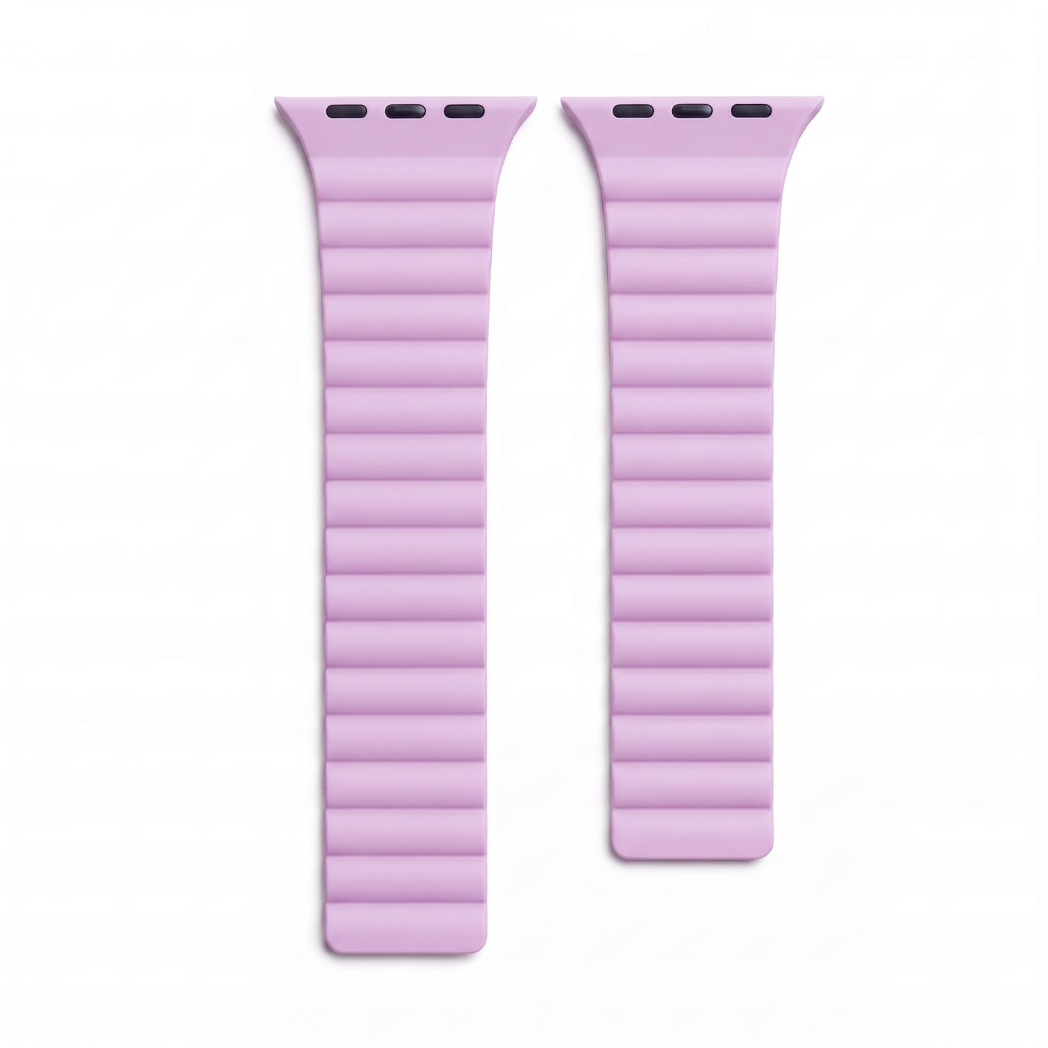 Zwei hellviolette Arktisband Apple Watch-Armbänder aus magnetischem Silikon mit der Bezeichnung Ligo und gerippter Oberfläche.