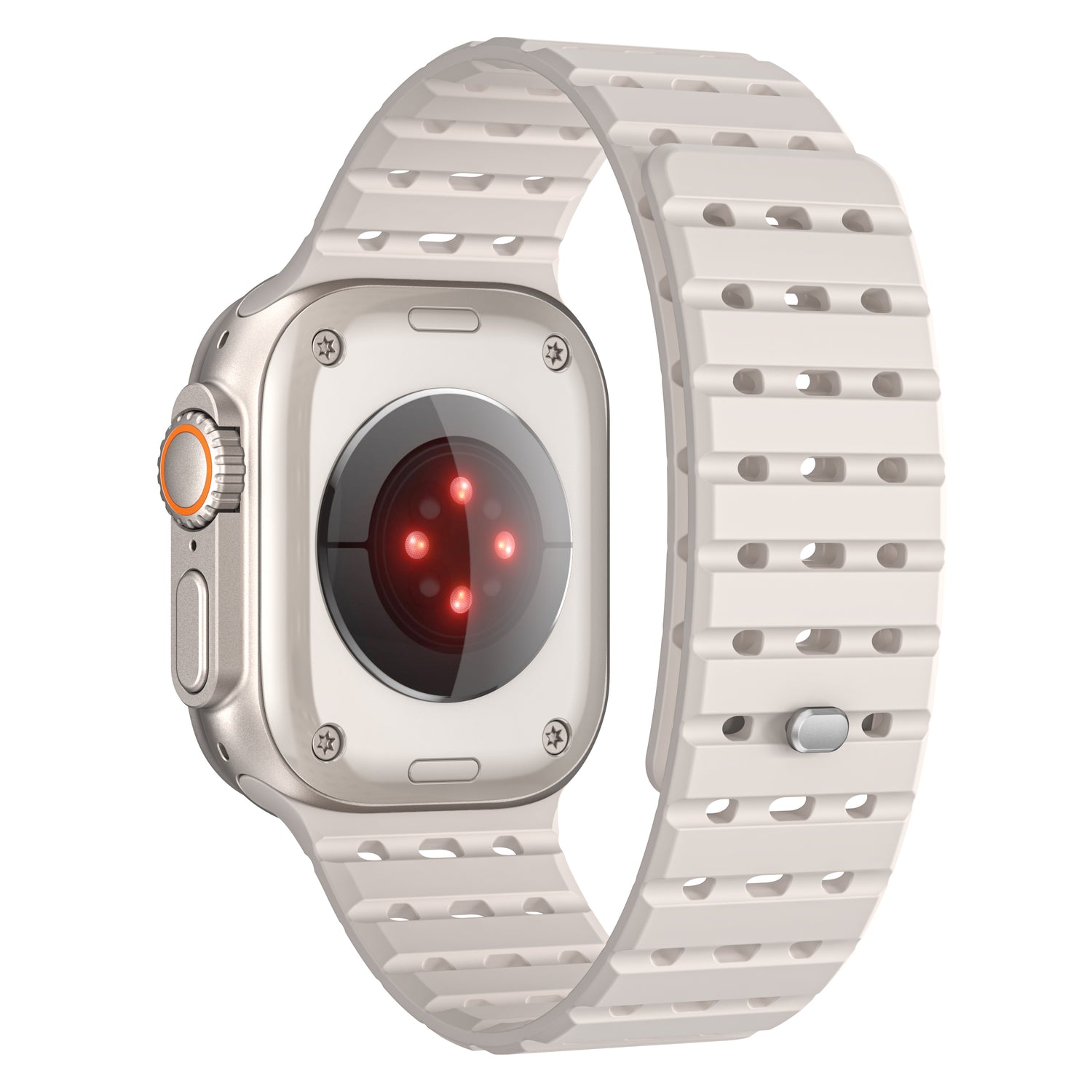 Das arktisband Apple Watch magnetisches Silikonarmband „Power“ von arktis ist in Grau und Weiß erhältlich und verfügt über ein geriffeltes, perforiertes Band mit Metallverschluss und beleuchteten Sensoren auf der Rückseite. Das Band ist Apple Watch kompatibel.