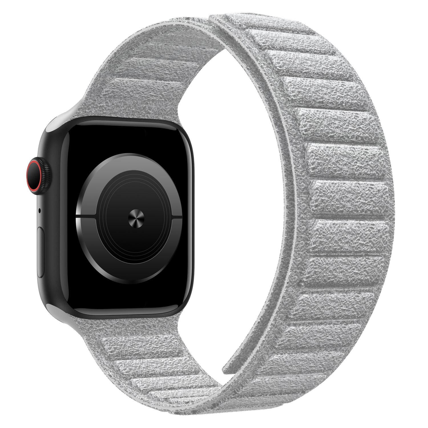 Das arktisband Apple Watch magnetisches Armband aus Alcantara ist ein schwarzes Smartwatch-Band mit unbedrucktem Bildschirm und einem strukturierten hellgrauen Alcantara-Band und bietet erstklassigen Stil und Komfort von arktisband.