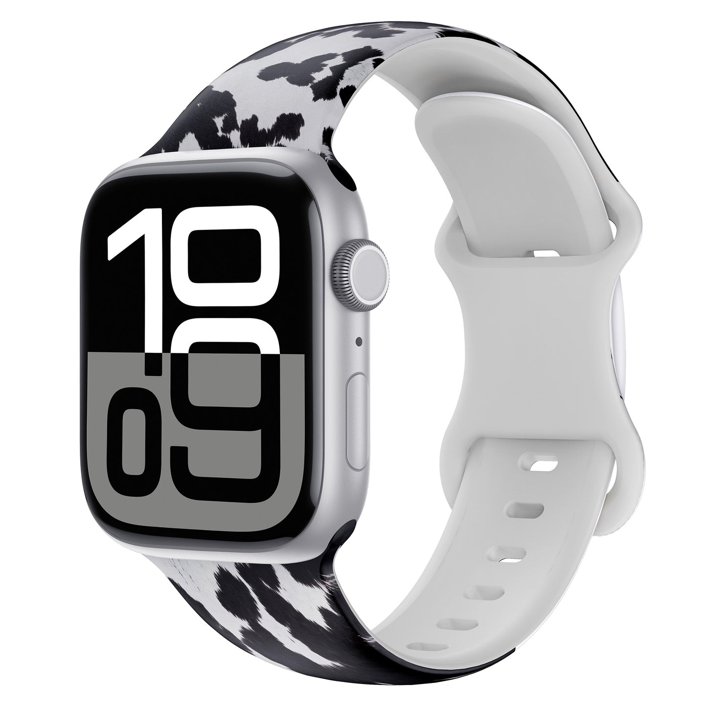 Das arktisband Kuhfell Apple Watch Armband mit stylischem schwarz-weißem Kuh-Print ist ideal für sportliche Aktivitäten, hier an einer Apple Watch mit fetter Digitalzeitanzeige.