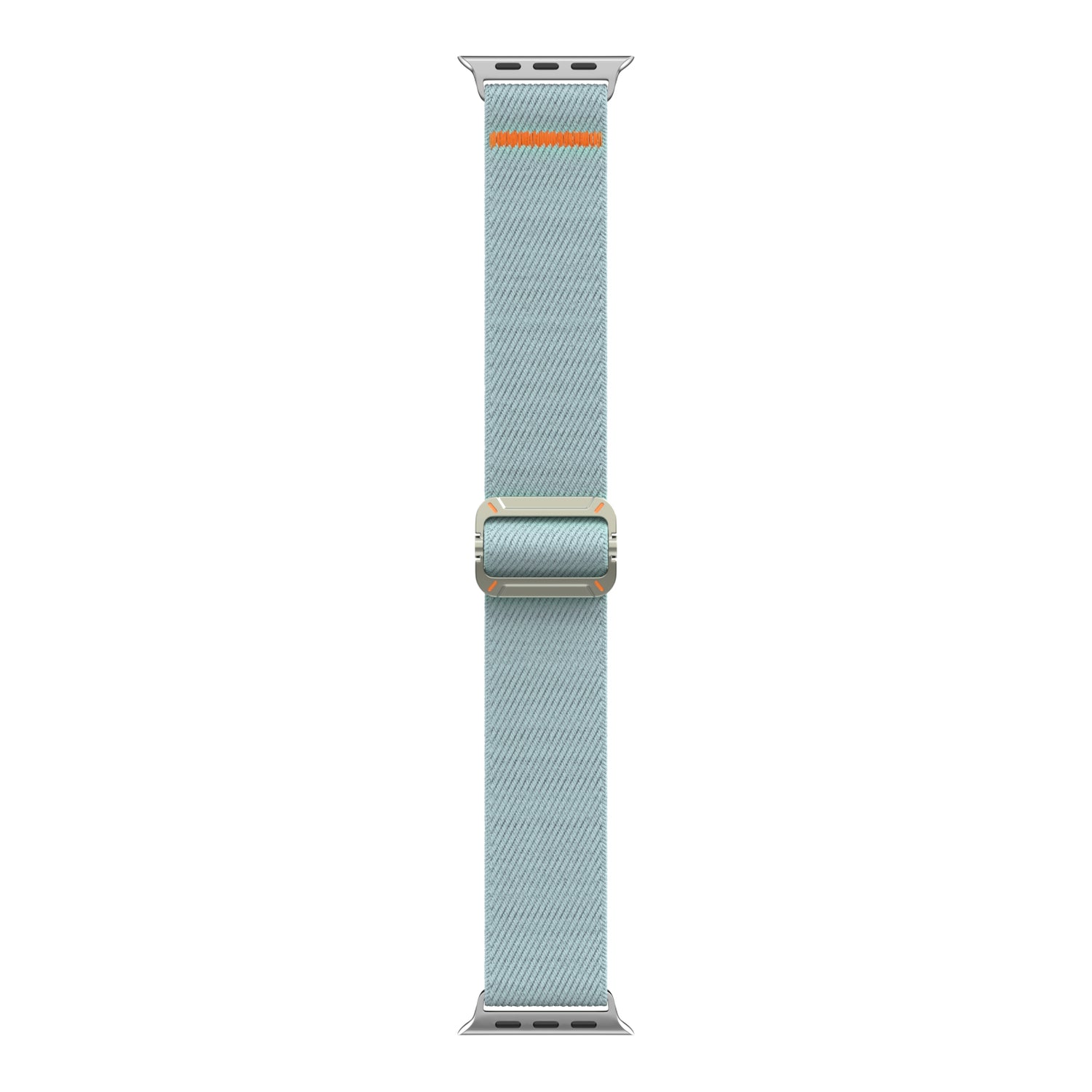 Das arktisband Apple Watch Nylonarmband "FlexOne" ist ein hellblaues Stretch-Nylonband mit silbernen Anschlüssen und einem orangefarbenen Akzent, abgebildet auf einem weißen Hintergrund.
