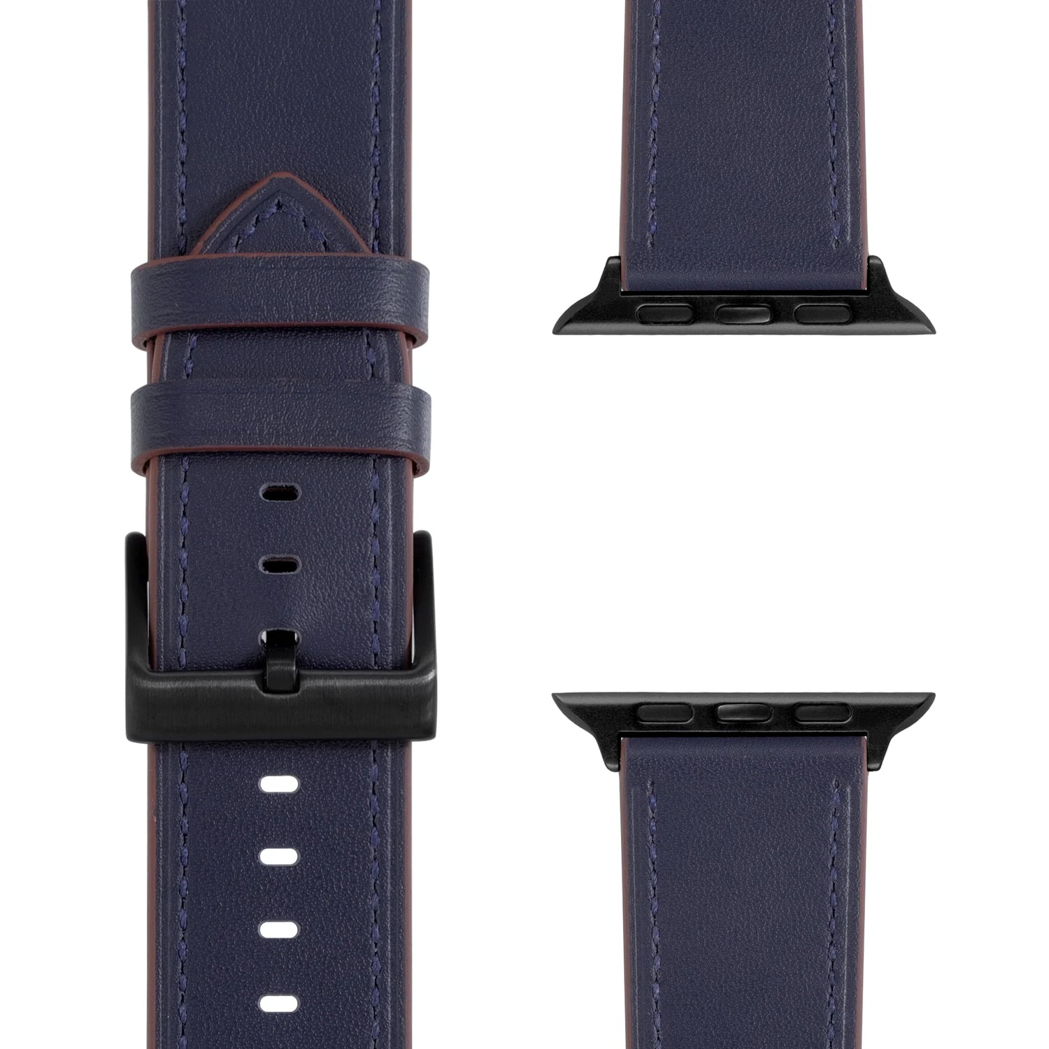Dunkelblaues arktisband Apple Watch Lederarmband "Premium" von arktisband, Echtleder, mit schwarzer Schnalle und Anschlüssen. In der Vorderansicht und für Details getrennt dargestellt.