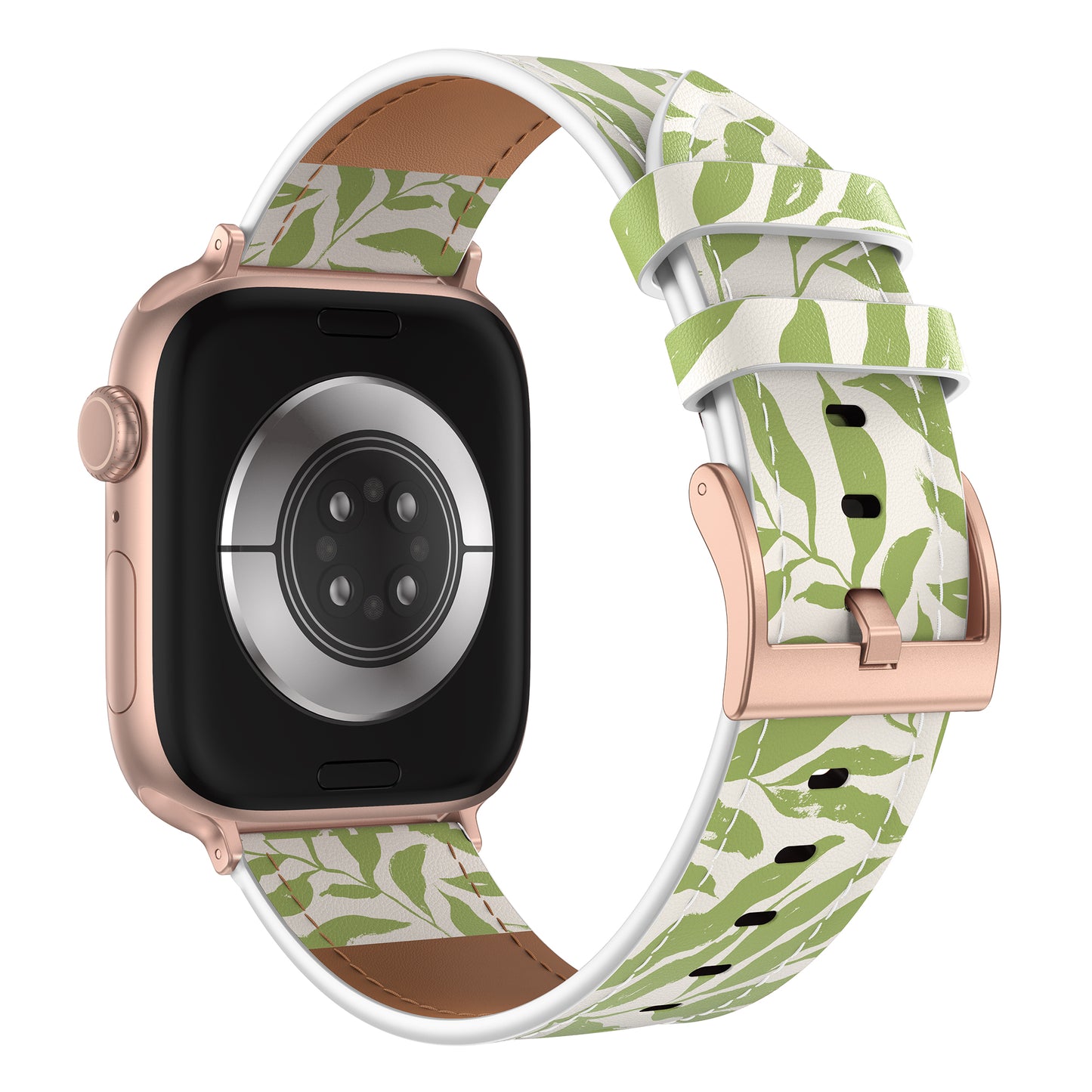 Arktisband Apple Watch Lederarmband "Studio": Stylisches Roségold-Gehäuse mit grünem, blattgemustertem, weißem Lederarmband von arktisband - ideal für Liebhaber des einzigartigen Stils.