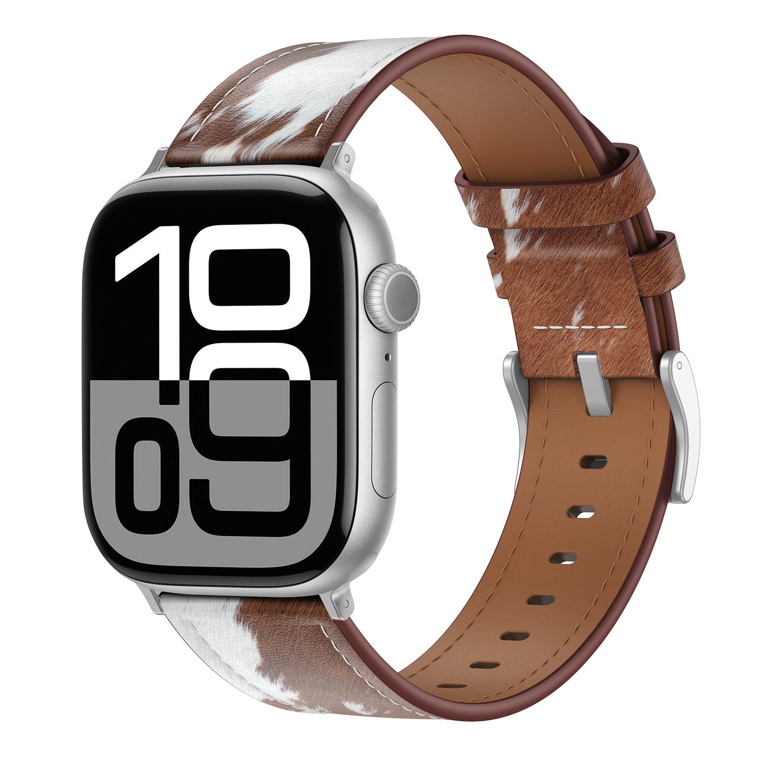 Das arktisband Apple Watch Lederarmband "Studio" verfügt über ein großes digitales Display und ein braunes Lederarmband mit weißen Patches und bietet ein individuelles Design inspiriert von arktisband.