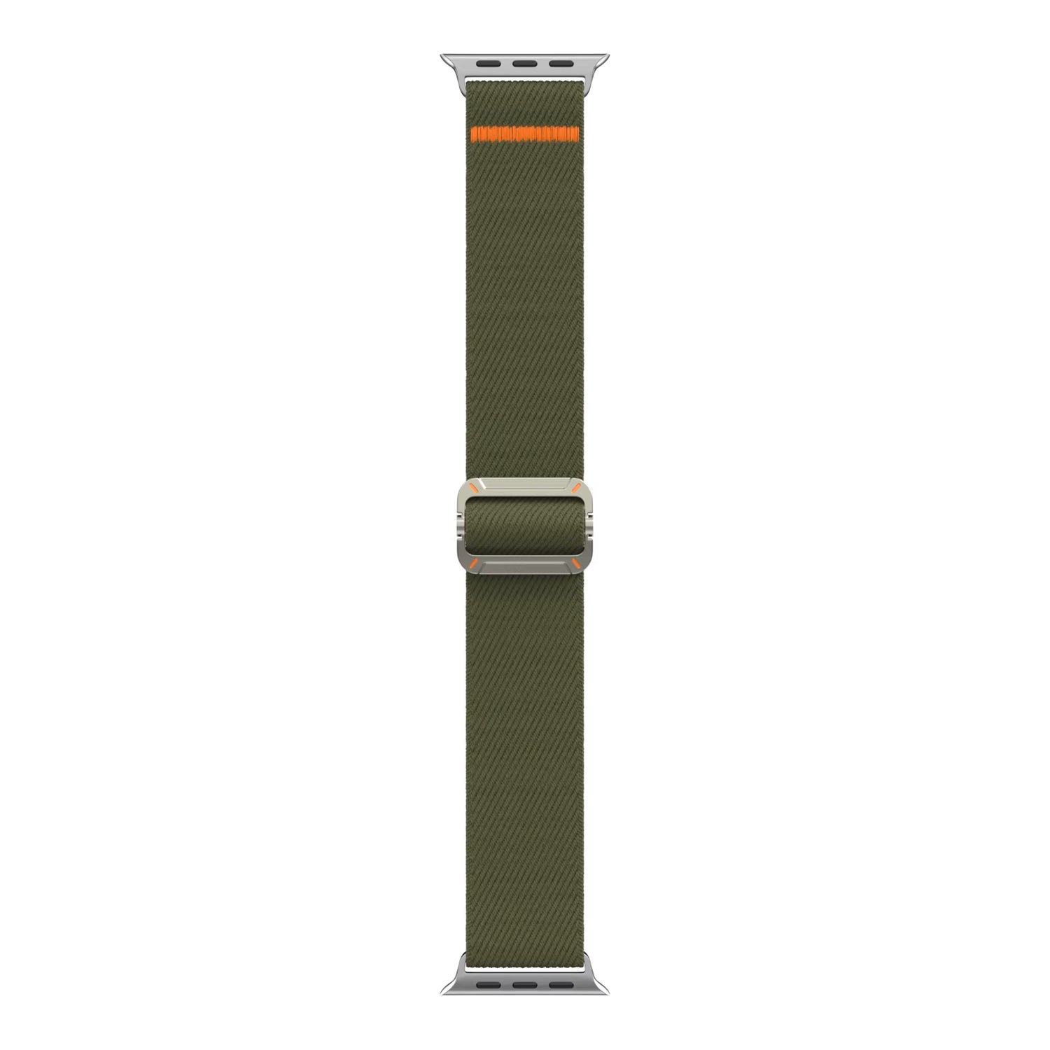 Das arktisband Apple Watch Nylonarmband "FlexOne" ist ein grünes Stretch-Nylonband mit einer silbernen Schnalle und einem orangefarbenen Streifen am oberen Rand.