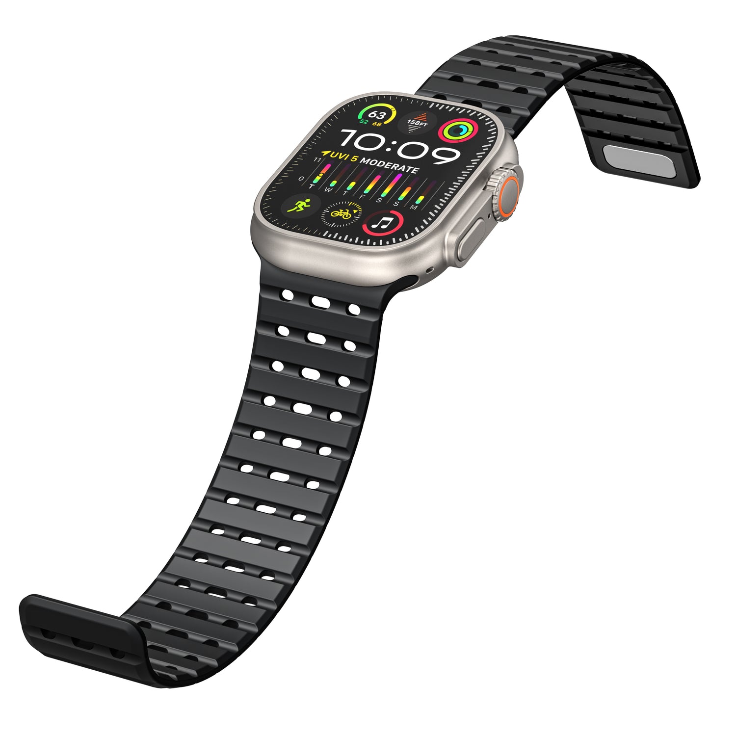 Das magnetische Silikonarmband „Power“ von arktis für die Apple Watch ist eine silberne Smartwatch mit rechteckigem Zifferblatt, schwarzem perforiertem Silikonarmband, orange akzentuiertem Seitenknopf und Anzeige der Uhrzeit sowie Fitnessdaten. Apple Watch kompatibel.