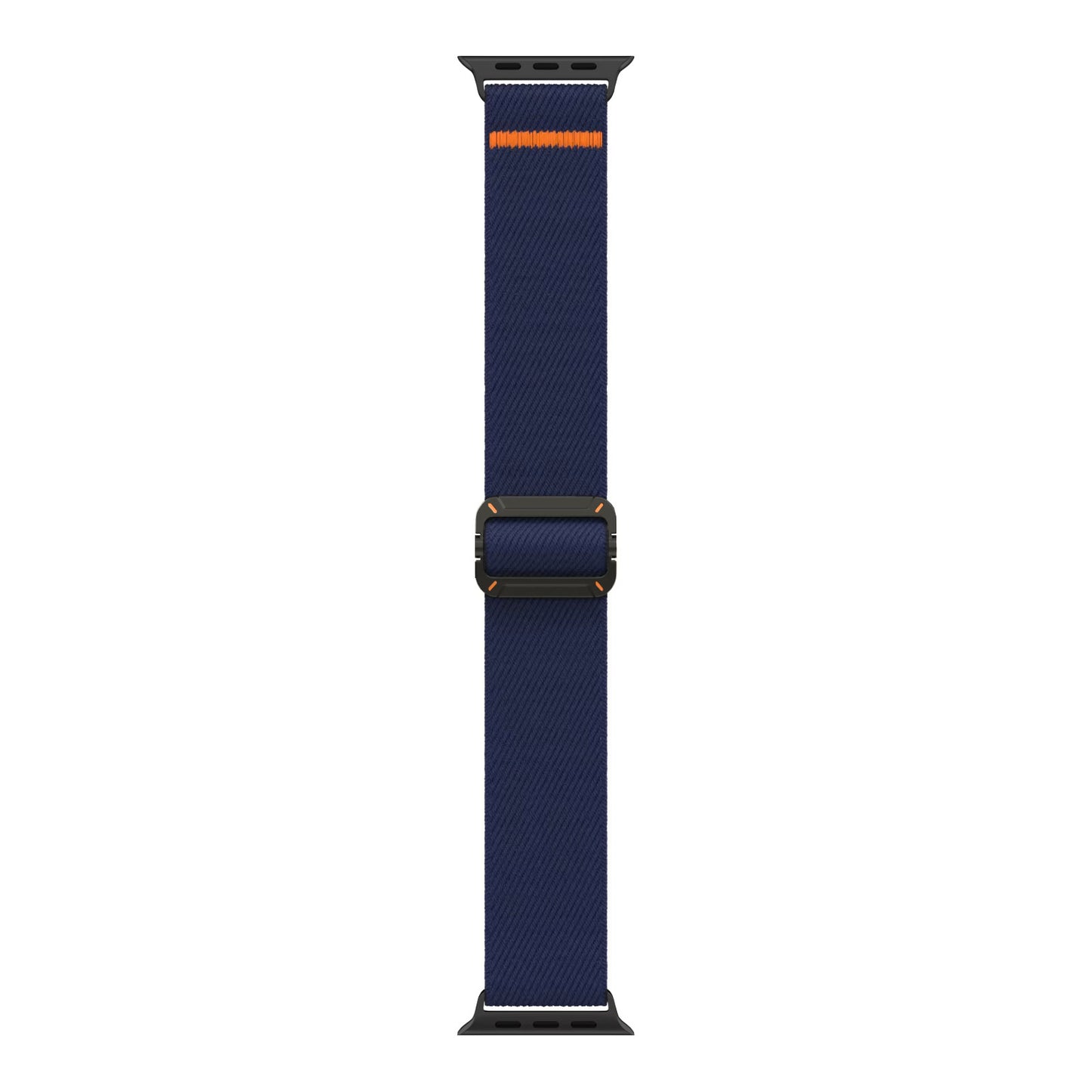 Das arktisband Apple Watch Nylonarmband "FlexOne" ist ein marineblaues Stretch-Nylonband mit einem einzelnen orangefarbenen Streifen an einem Ende und schwarzen Anschlüssen, ideal als Apple Watch Armband.