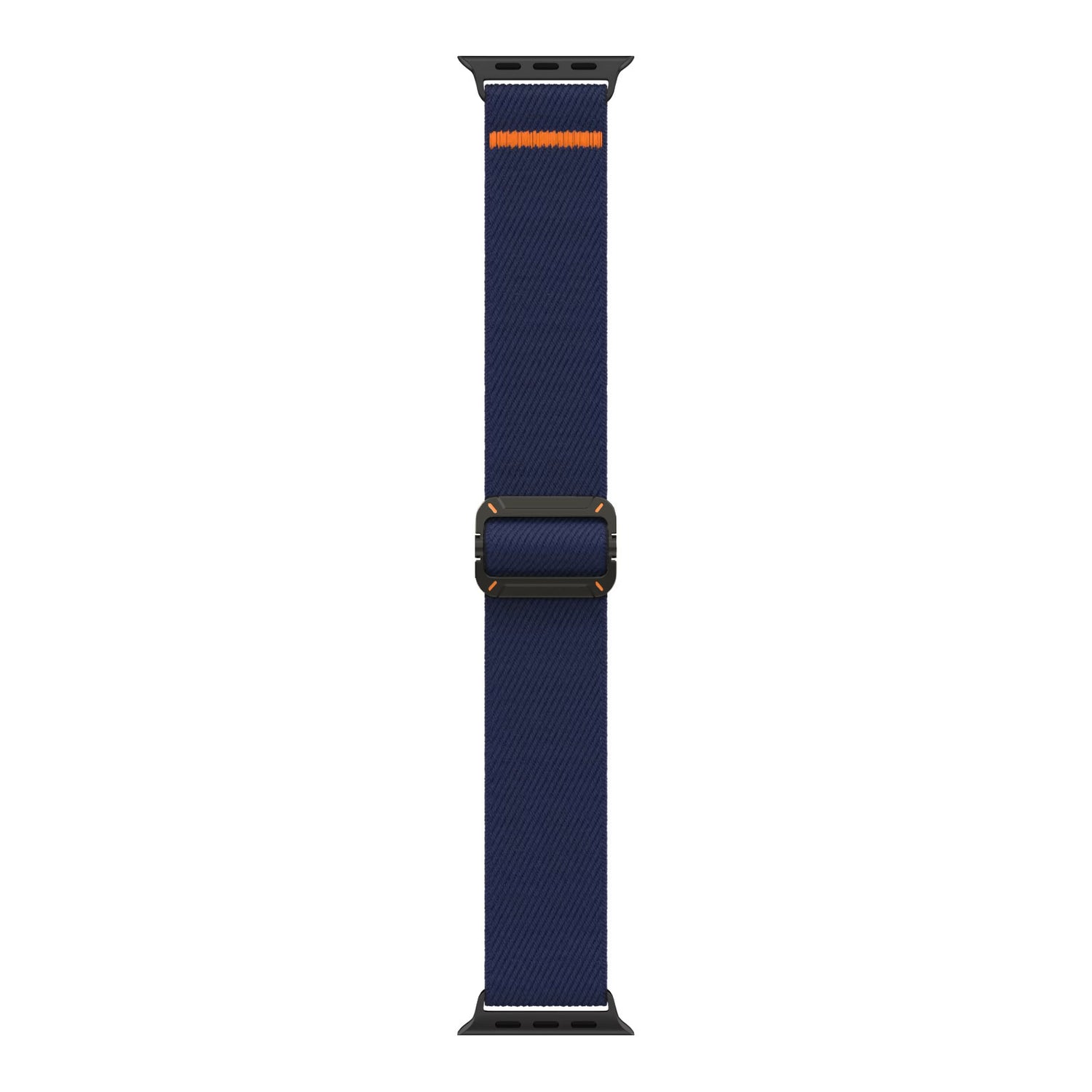 Das arktisband Apple Watch Nylonarmband "FlexOne" ist ein marineblaues Stretch-Nylonband mit einem einzelnen orangefarbenen Streifen an einem Ende und schwarzen Anschlüssen, ideal als Apple Watch Armband.