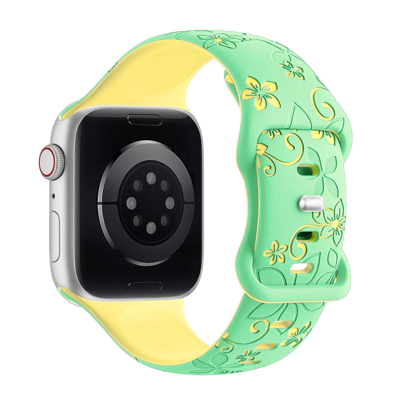 Arktisband "Bloom" Apple Watch Silikonarmband mit grün-gelbem floralem Muster, kompatibel mit Apple Watch, zeigt die Gehäuserückseite.