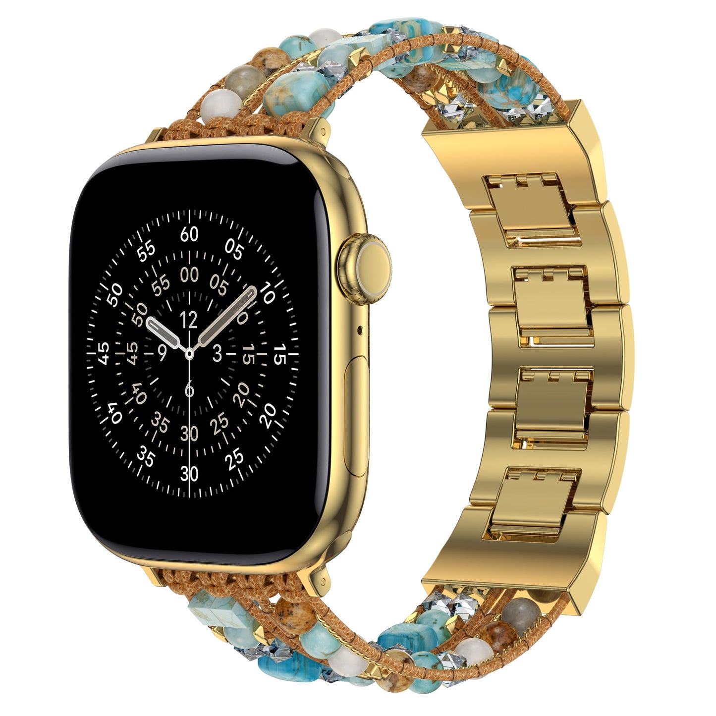 Das arktisband Apple Watch Armband "Sunset Spirit" kombiniert eine goldene Analoguhr mit einem schicken Boho-Perlen- und Goldmetall-Gliederarmband von arktisband.