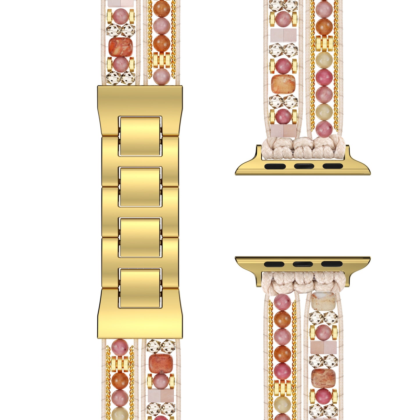 Das arktisband Apple Watch Armband "Sunset Spirit" von arktisband zeigt sich mit bunten Perlen, Lederkordeln und einem Adapter aus Edelstahl von vorne und von der Seite.