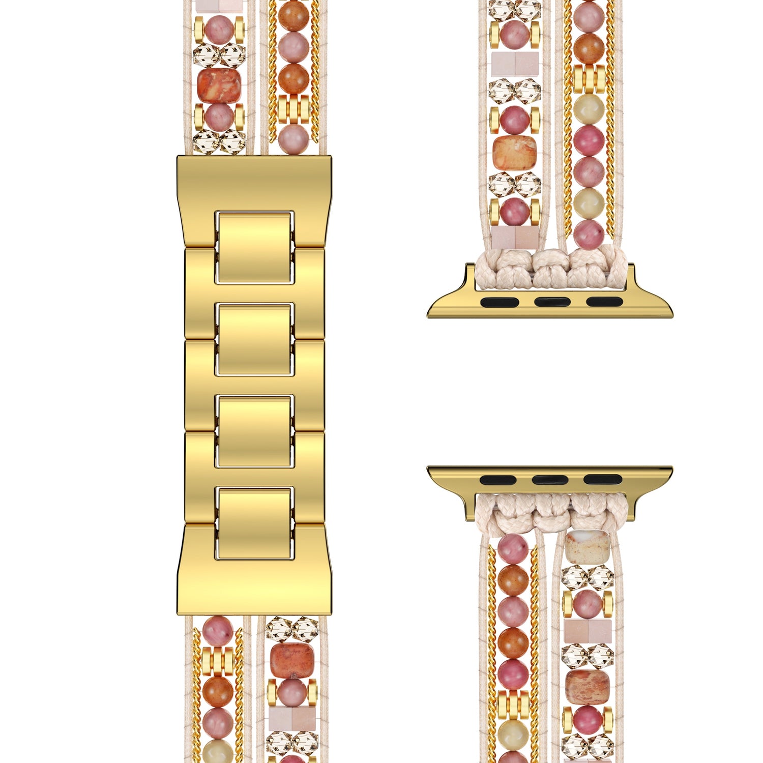 Das arktisband Apple Watch Armband "Sunset Spirit" von arktisband zeigt sich mit bunten Perlen, Lederkordeln und einem Adapter aus Edelstahl von vorne und von der Seite.