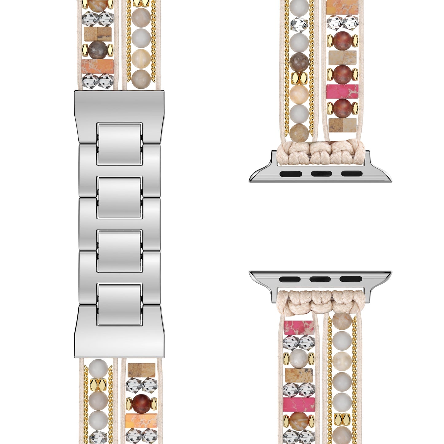 Arktisband Apple Watch Armband "Sunset Spirit" mit bunten Perlen, goldenen Ketten und einem silbernen Edelstahladapter für einen sicheren Sitz.