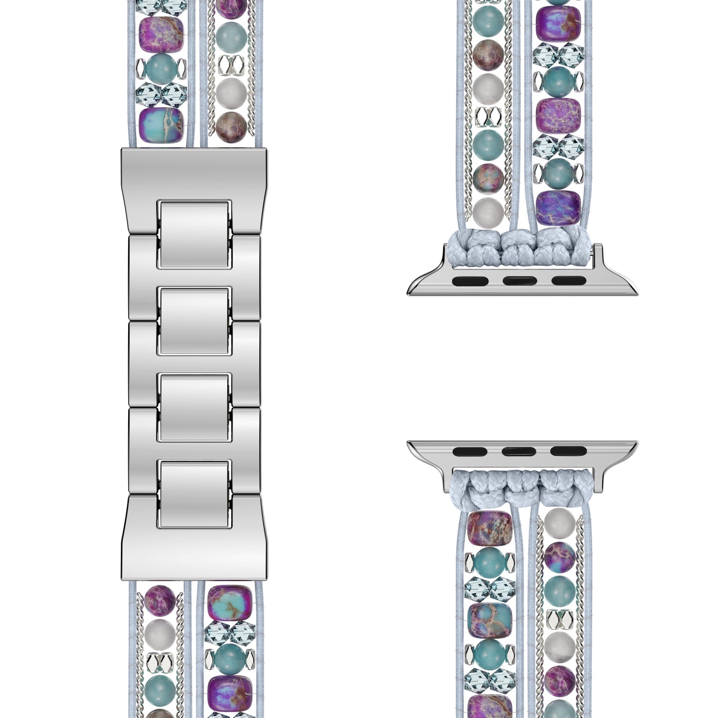 Das arktisband Apple Watch Armband "Sunset Spirit" verfügt über zwei Reihen von leuchtenden lila, türkisen und weißen Perlen mit einem silbernen Edelstahladapter - perfekt, um deiner Apple Watch ein farbenfrohes Boho-Upgrade zu geben.