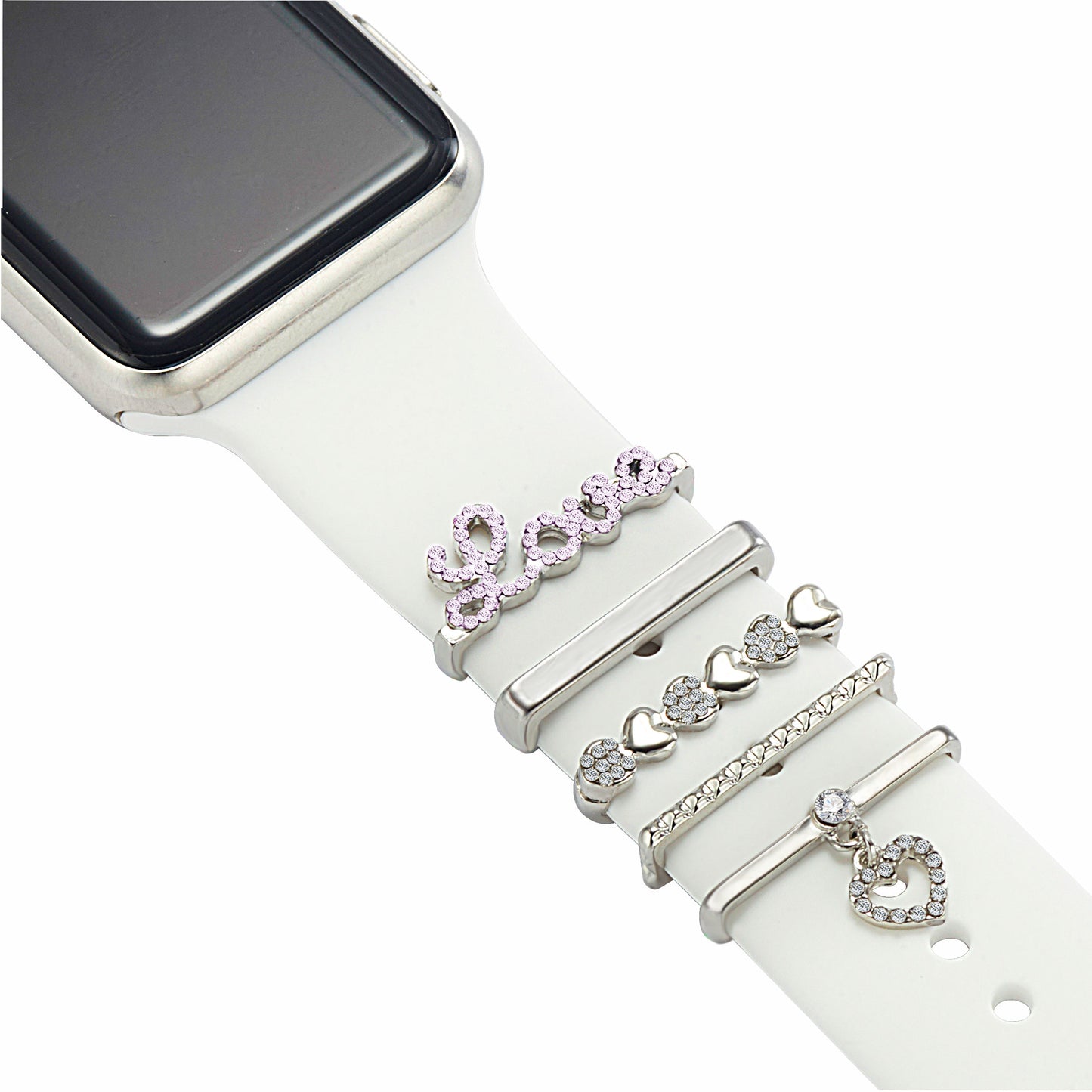 Die arktisband Apple Watch Charms "Blush Love" in Silber sind mit strassbesetzten Buchstabenanhängern mit der Aufschrift "Love", Herzen und einem baumelnden Herz ausgestattet - ein elegantes Accessoire für Ihre Apple Watch von arktisband.