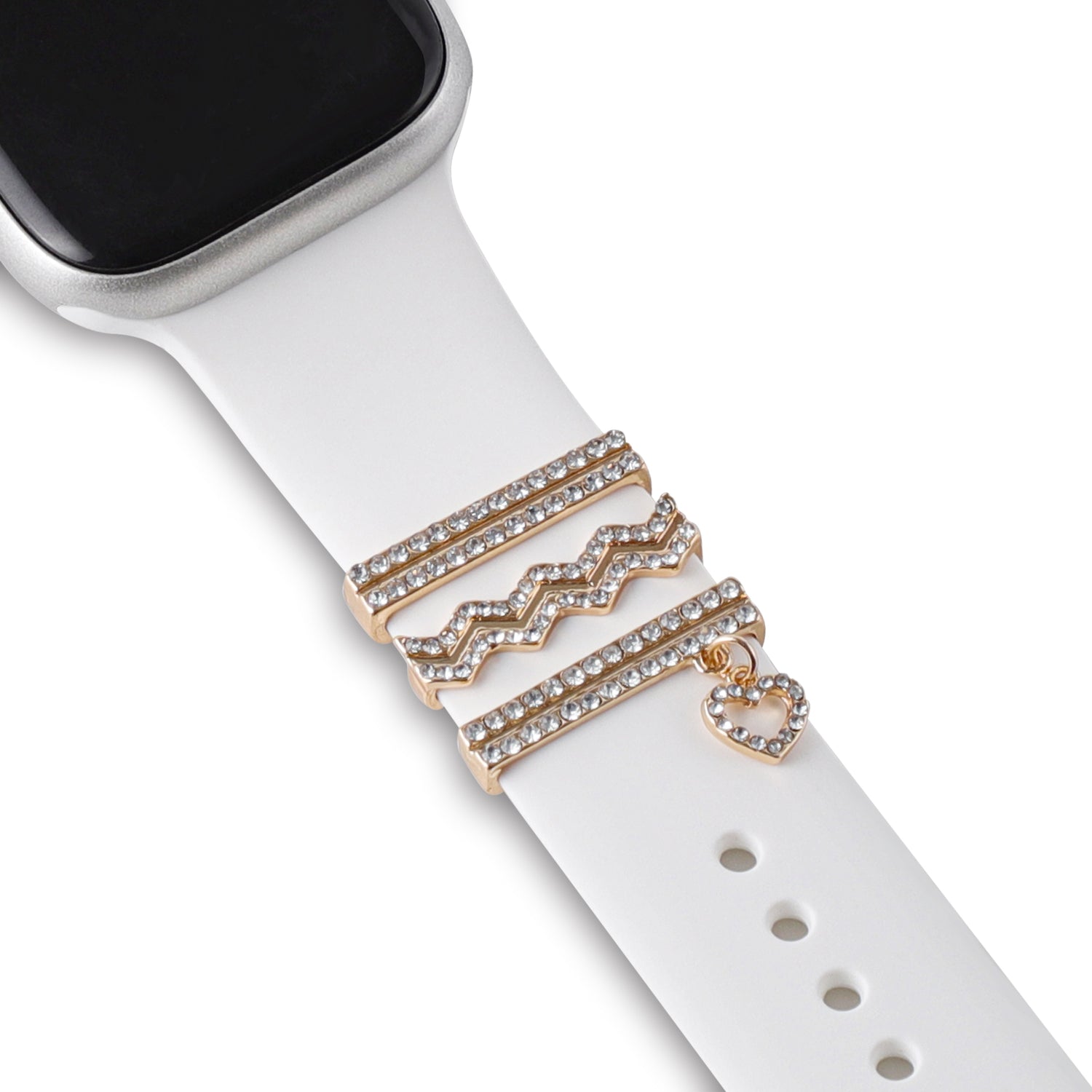 Verleihen Sie Ihrem Arktisband-Stil Eleganz mit den Arktisband Apple Watch Charms „Hanging Heart“ – drei goldenen, mit Strasssteinen besetzten Charms (einschließlich eines baumelnden Herzens), die zu allen Apple Watch-Armbändern passen.