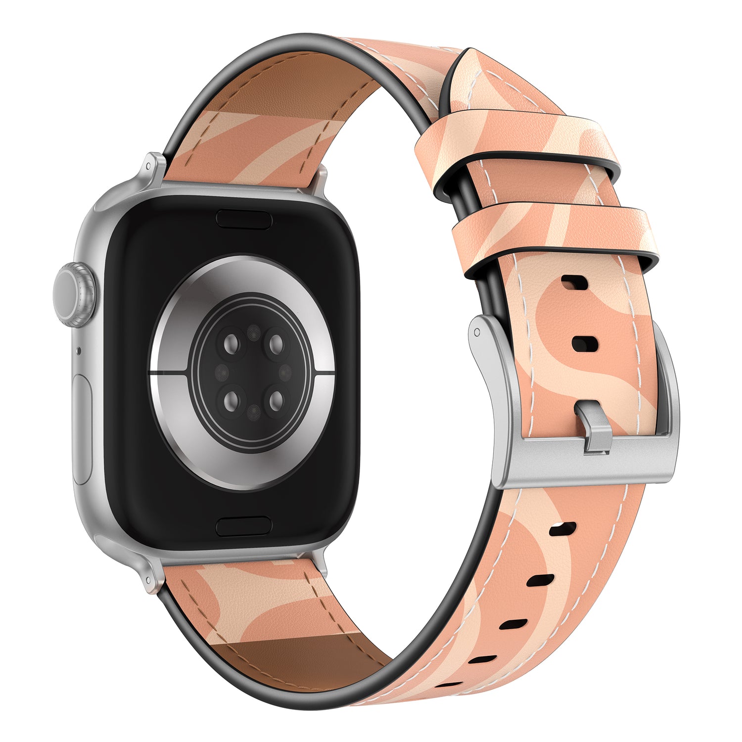 Das arktisband Apple Watch Lederarmband "Studio" in Pfirsich mit abstraktem Muster und silberner Schnalle, von hinten gezeigt - perfekt für einen einzigartigen Stil und aus hochwertigem Echtleder gefertigt.